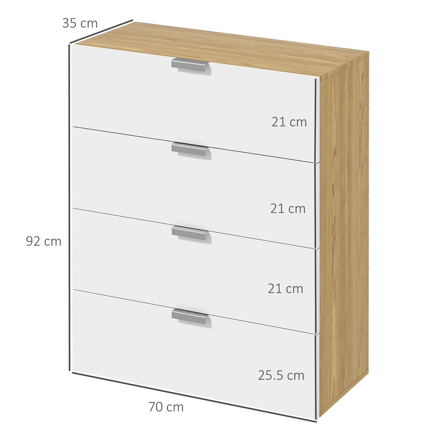 HOMCOM Cómoda con 4 Cajones de Alto Brillo Cajonera de Madera para Dormitorio Salón Oficina Estilo Moderno 70x35x92 cm Blanco y Natural