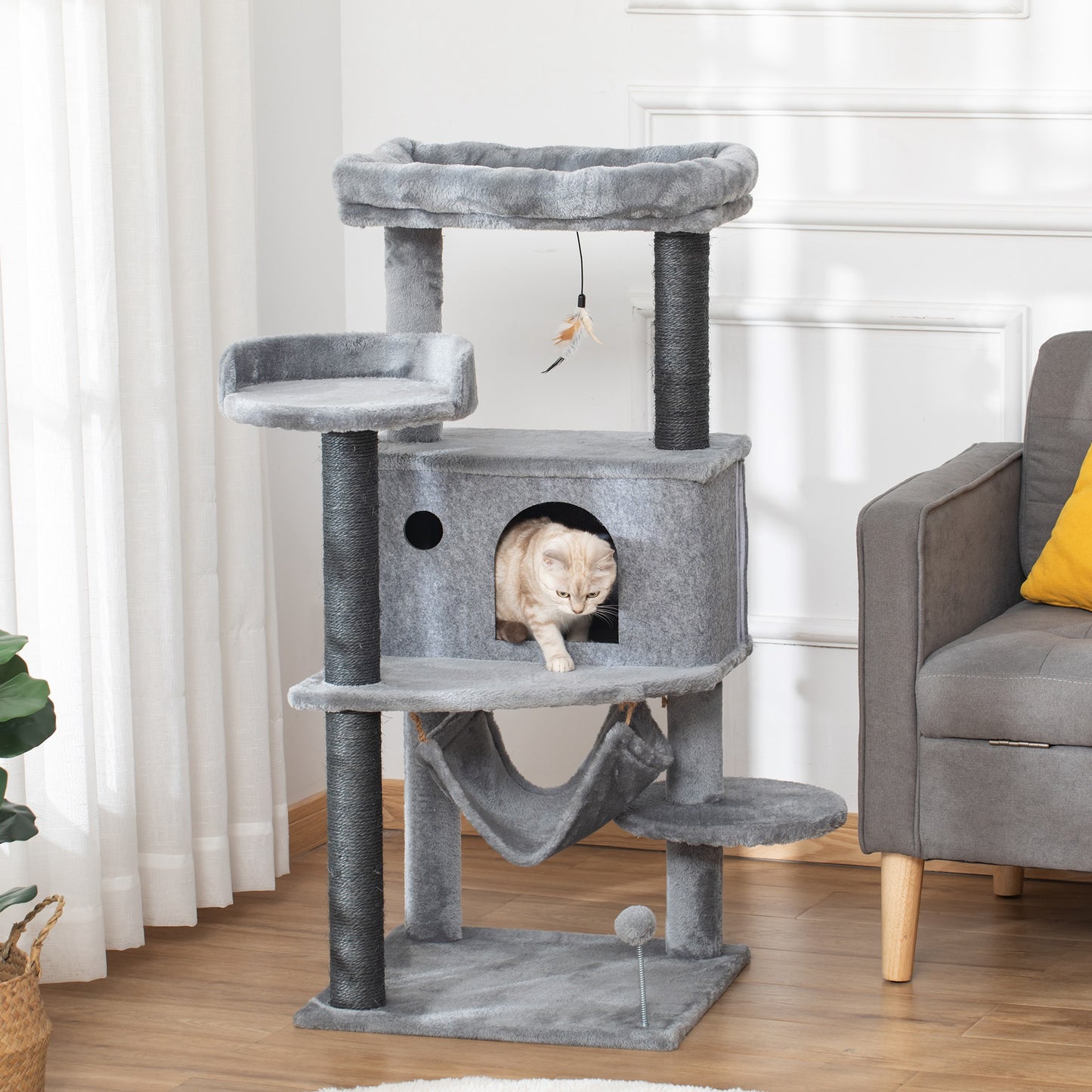 PawHut Árbol Rascador para Gatos 48x48x107 cm Torre para Gatos con Cueva de Fieltro Desmontable Hamaca Camas de Felpa Múltiples Plataformas Postes de Sisal y Juguetes Gris