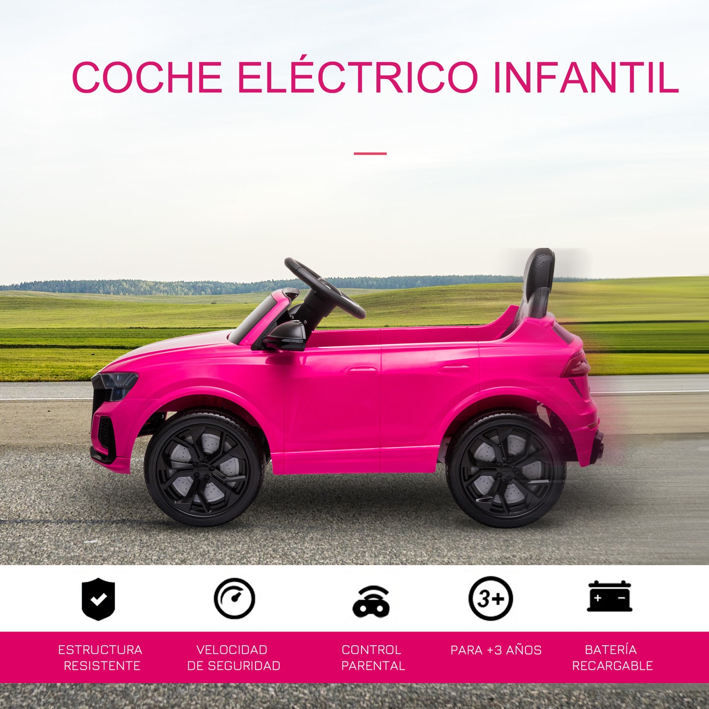 HOMCOM Coche Eléctrico Infantil +3 Años Licencia Audi RS Q8 con Batería 6V 2 Motores Mando a Distancia Música MP3 Bocina y Luces Velocidad Máx. 3km/h 101x62x51 cm Rosa