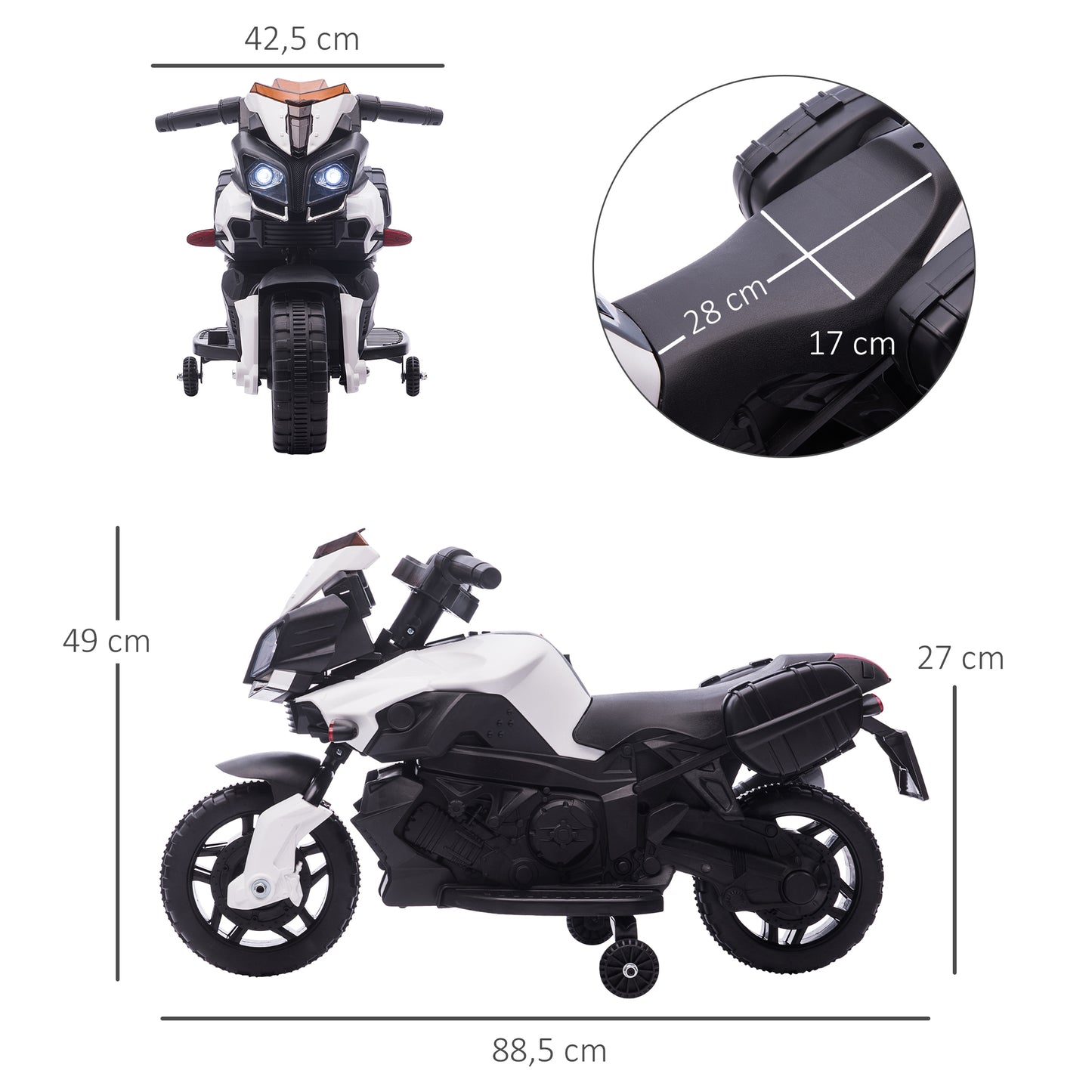 HOMCOM Moto Eléctrica para Niños de 18-48 Meses Motocicleta de Batería 6V con Faros Bocina 2 Ruedas de Equilibrio y Velocidad 3 km/h Carga 25 kg 88,5x42,5x49 cm Blanco