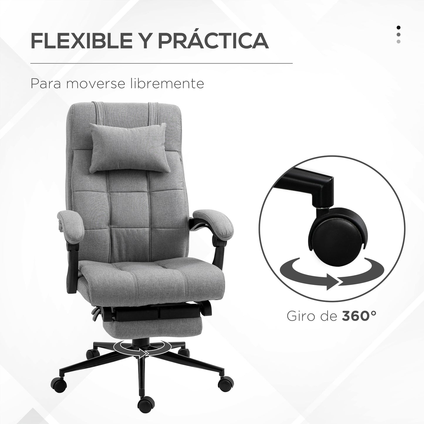 Vinsetto Silla de Oficina Reclinable Silla de Escritorio Giratoria Tapizado de Tela con Altura Ajustable Reposapiés Reposacabezas y Reposabrazos Carga 120 kg para Estudio 66x76x116-124 cm Gris