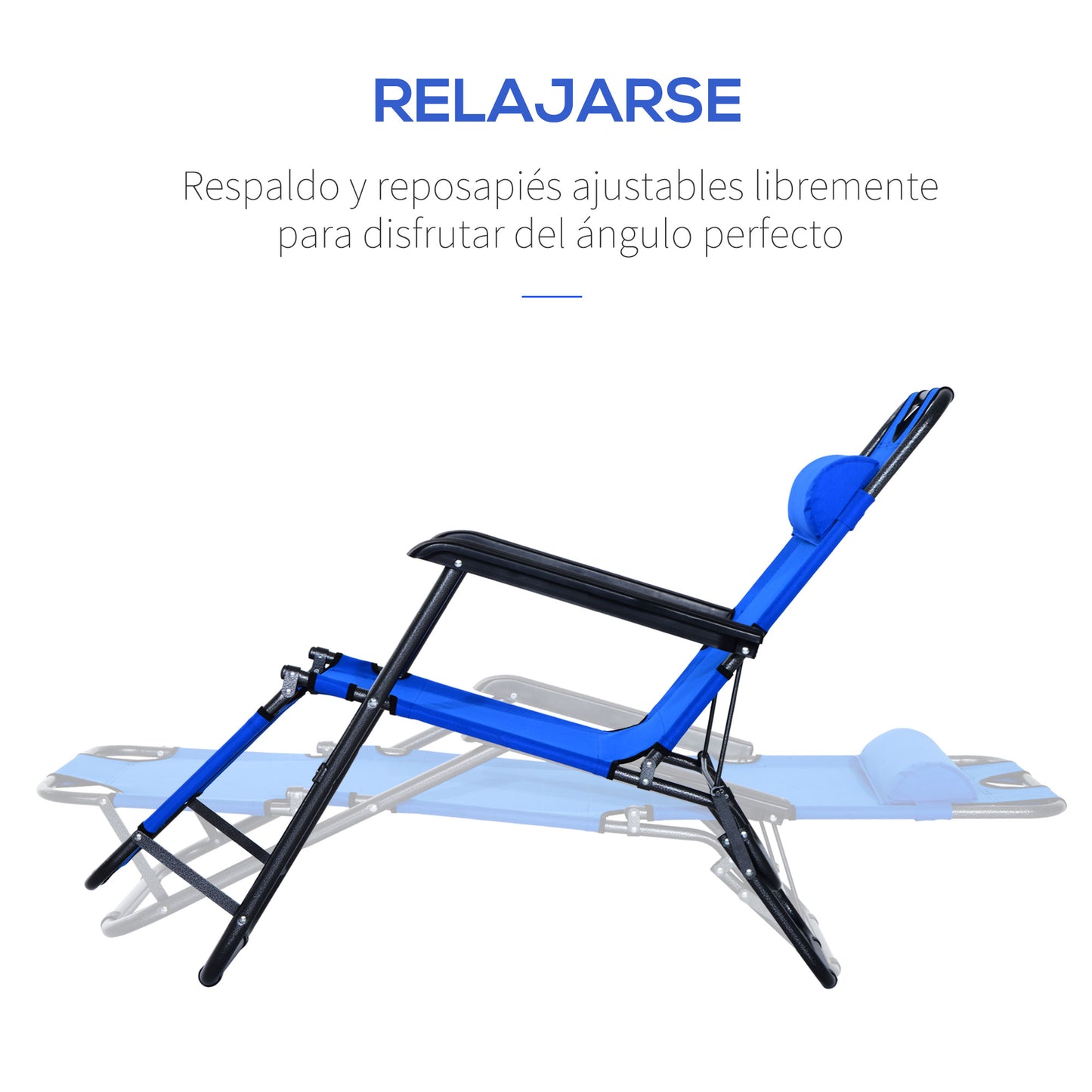 Outsunny Tumbona Reclinable y Plegable Tumbona de Jardín con Respaldo Ajustable en 2 Niveles Reposacabezas y Bolsillo Silla Tumbona para Terraza Carga 136 kg 118x60x80 cm Azul