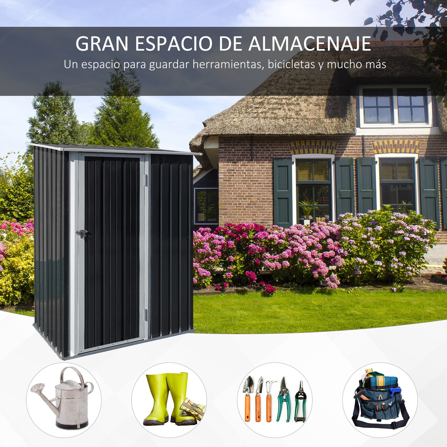 Outsunny Caseta de Jardín 1,07 m² 142x84x189 cm Cobertizo Exterior Metálico con Puerta Cerradura y Orificios de Drenaje para Almacenamiento de Herramientas Gris