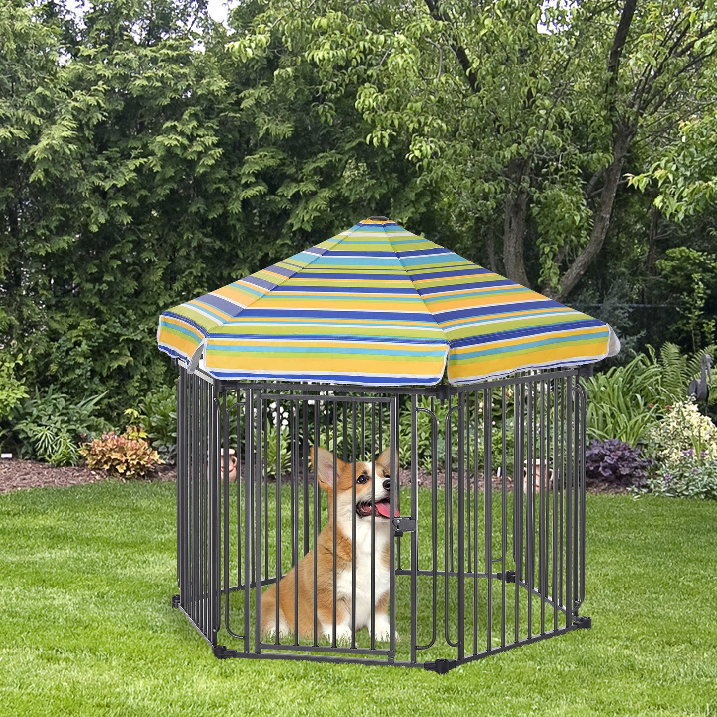 PawHut Parque para Perros 6 Vallas de Metal 61x76 cm Corrales Desmontables para Perros con Techo Hexagonal y Puerta con Cierre de Seguridad 122x105x119 cm Negro y Colorido