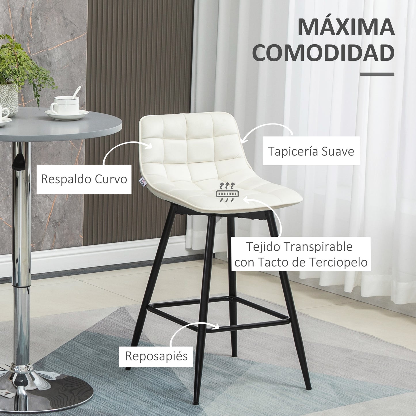 HOMCOM Conjunto de 2 Taburetes Altos de Cocina Sillas Altas de Cocina con Respaldo y Reposapiés Carga 120 kg para Bar Salón Comedor Crema