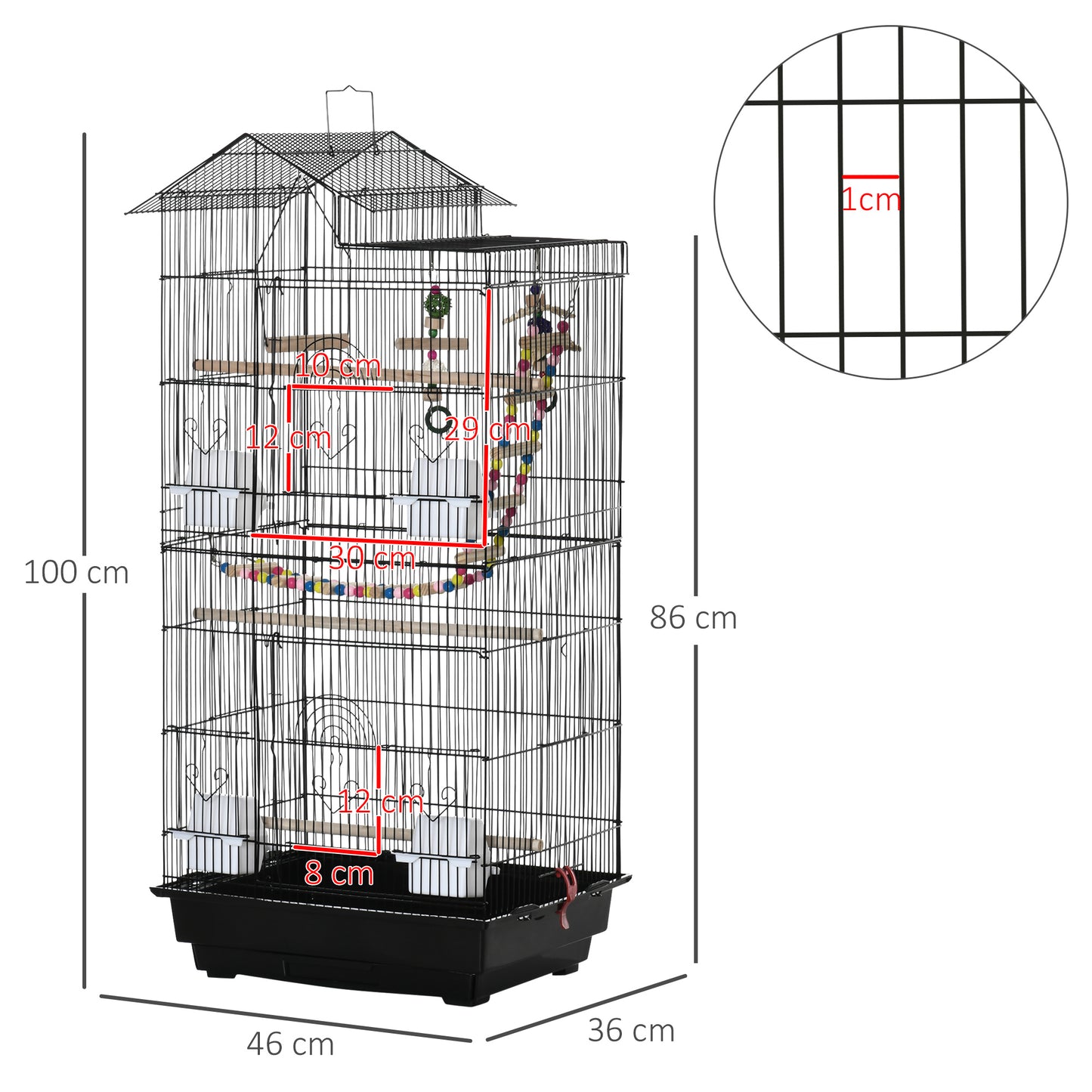 PawHut Jaula para Pájaros Pajarera de Metal con Múltiples Puertas 4 Comederos 3 Perchas Columpio Escaleras y Bandeja Extraíble para Loros Canarios Periquitos 46x36x100 cm Negro