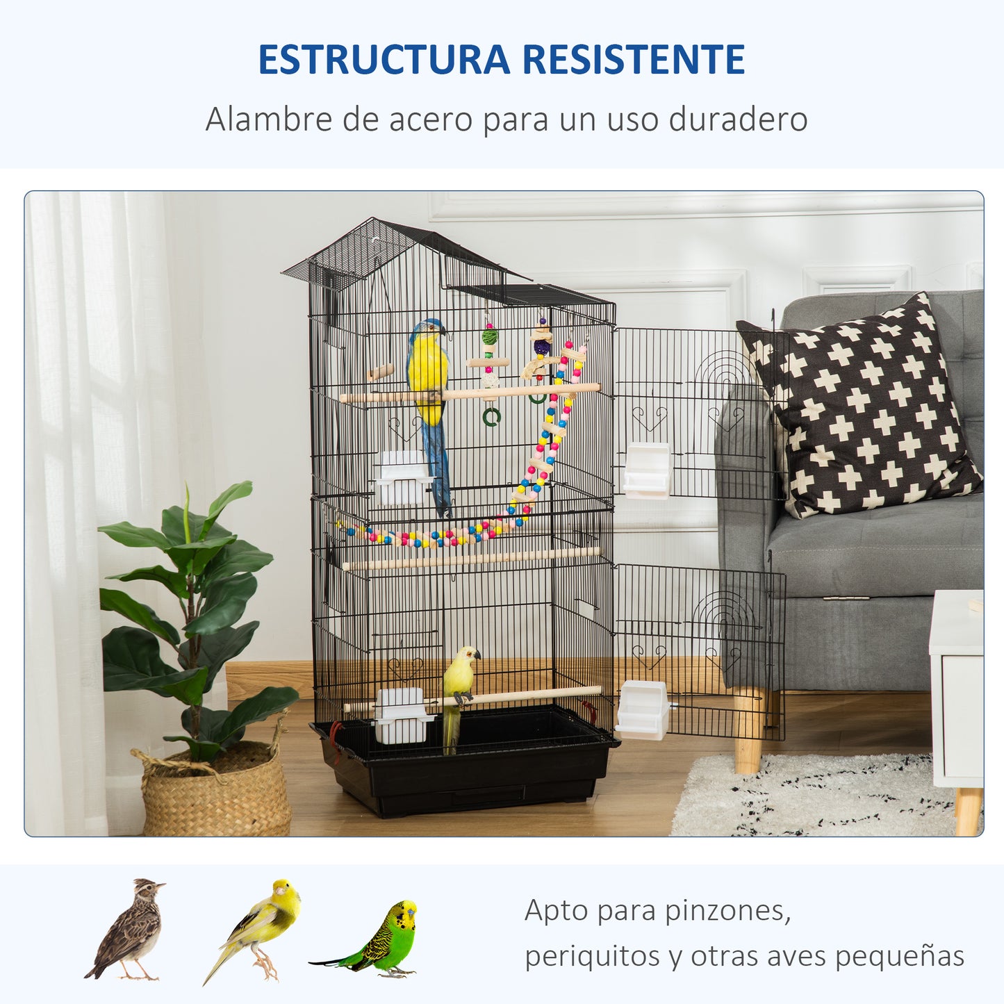 PawHut Jaula para Pájaros Pajarera de Metal con Múltiples Puertas 4 Comederos 3 Perchas Columpio Escaleras y Bandeja Extraíble para Loros Canarios Periquitos 46x36x100 cm Negro