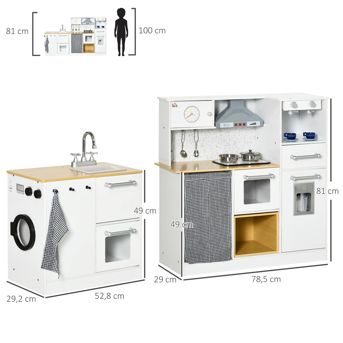 HOMCOM Cocina de Juguete de Madera para Niños de +3 Años Cocinita de Juguete con Luz Sonidos Taburete Cafetera Máquina de Hielo Lavadora Horno Refrigerador Fregadero 78,5x29x81 cm Blanco