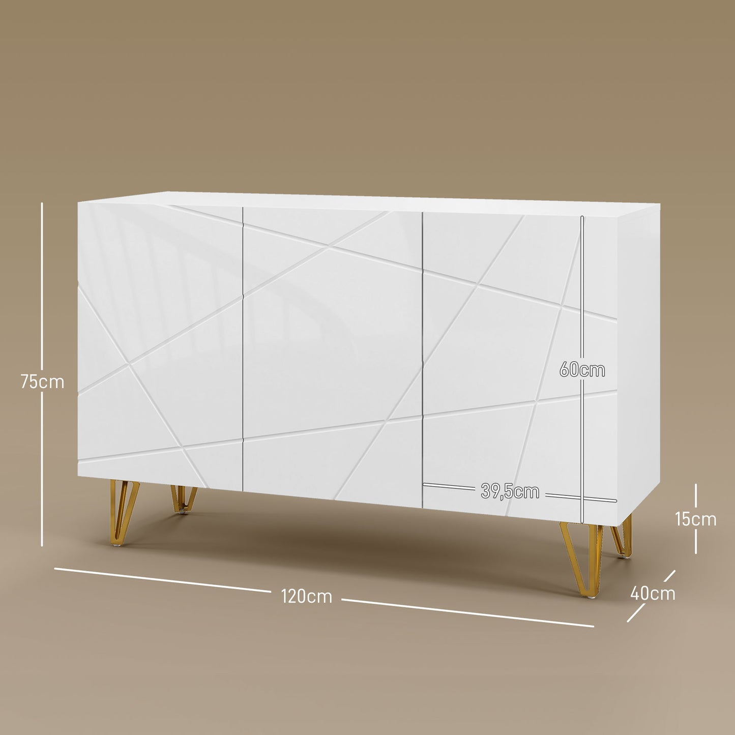 HOMCOM Aparador para Salón Aparador de Entrada con 3 Puertas y Estantes Ajustables Armario de Almacenamiento para Cocina Sala 120x40x75 cm Blanco Brillante