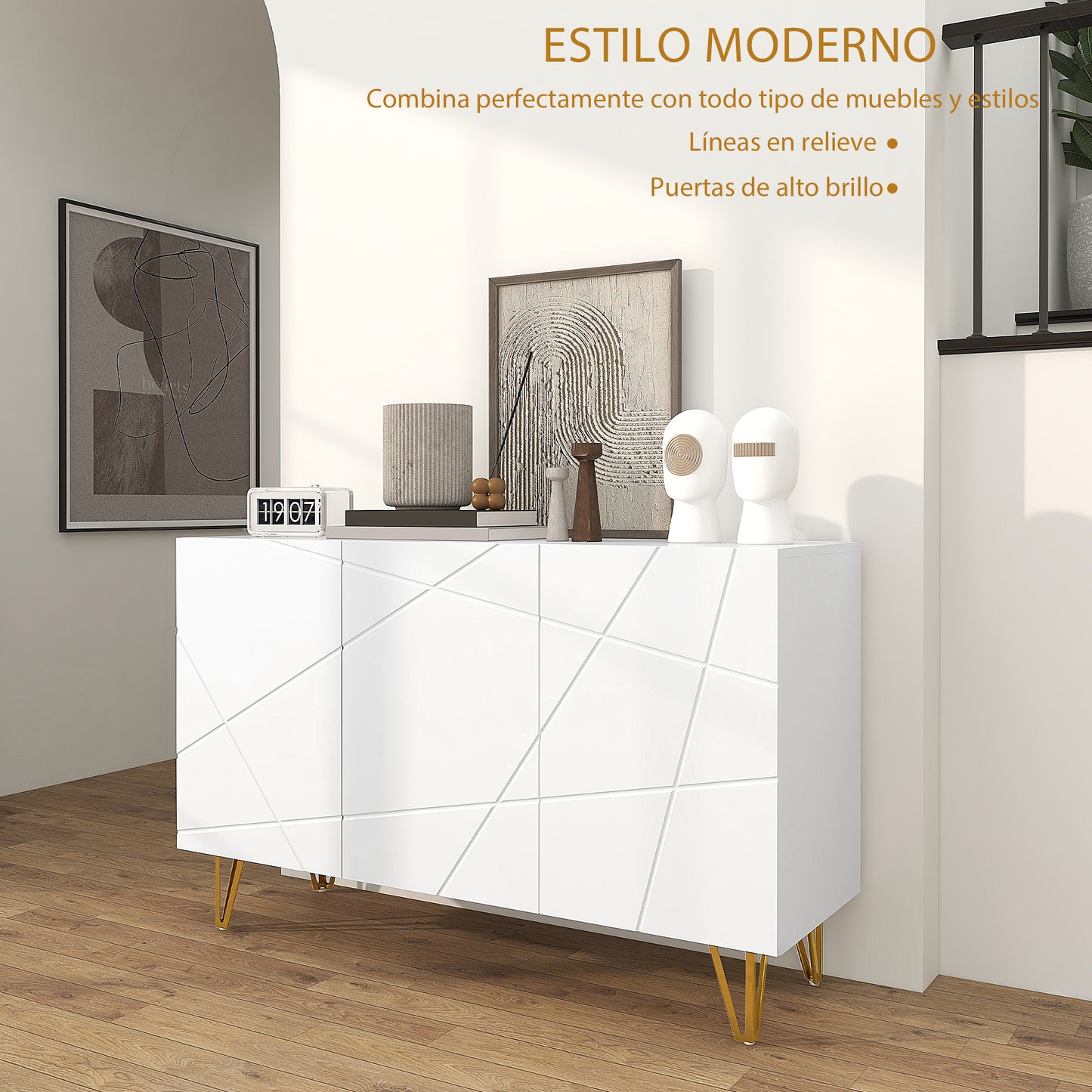 HOMCOM Aparador para Salón Aparador de Entrada con 3 Puertas y Estantes Ajustables Armario de Almacenamiento para Cocina Sala 120x40x75 cm Blanco Brillante