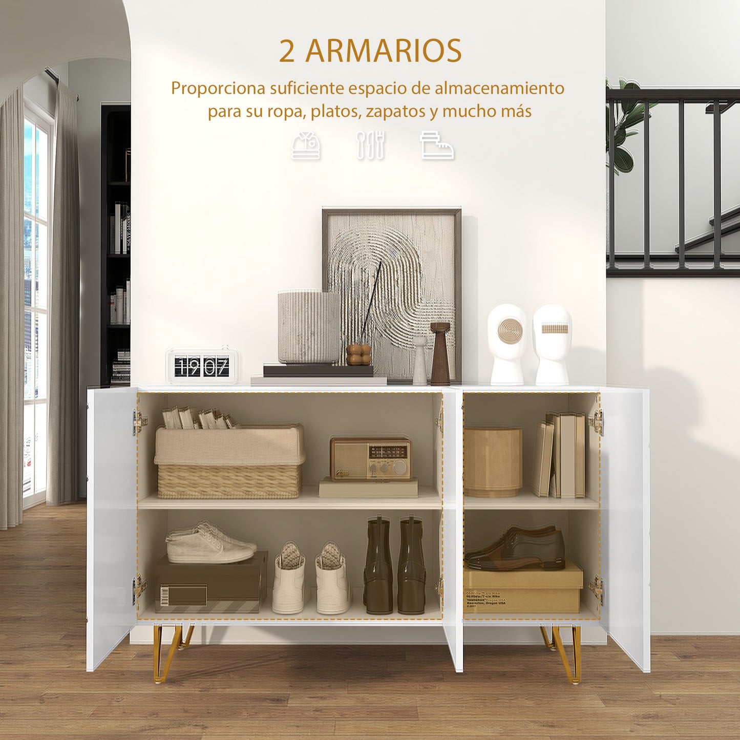 HOMCOM Aparador para Salón Aparador de Entrada con 3 Puertas y Estantes Ajustables Armario de Almacenamiento para Cocina Sala 120x40x75 cm Blanco Brillante