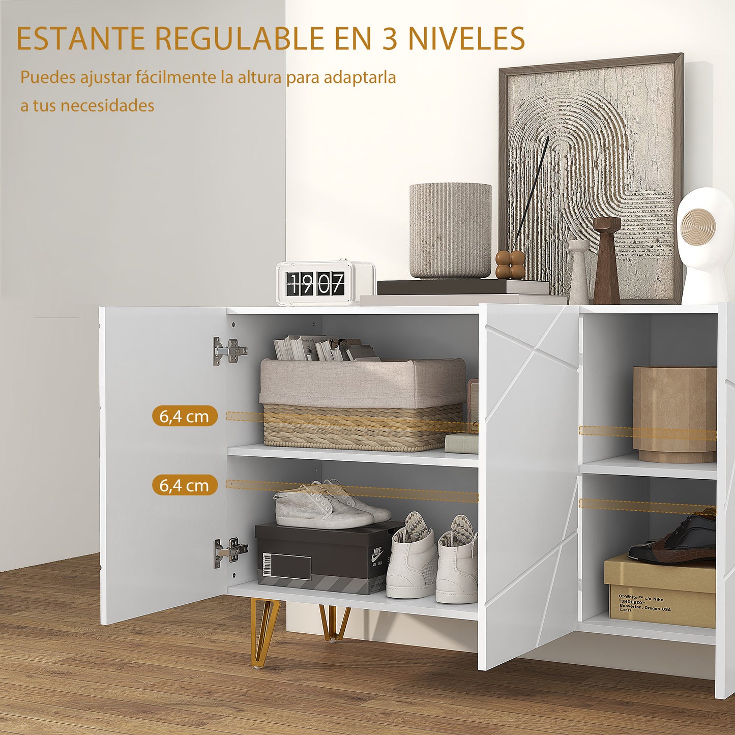 HOMCOM Aparador para Salón Aparador de Entrada con 3 Puertas y Estantes Ajustables Armario de Almacenamiento para Cocina Sala 120x40x75 cm Blanco Brillante