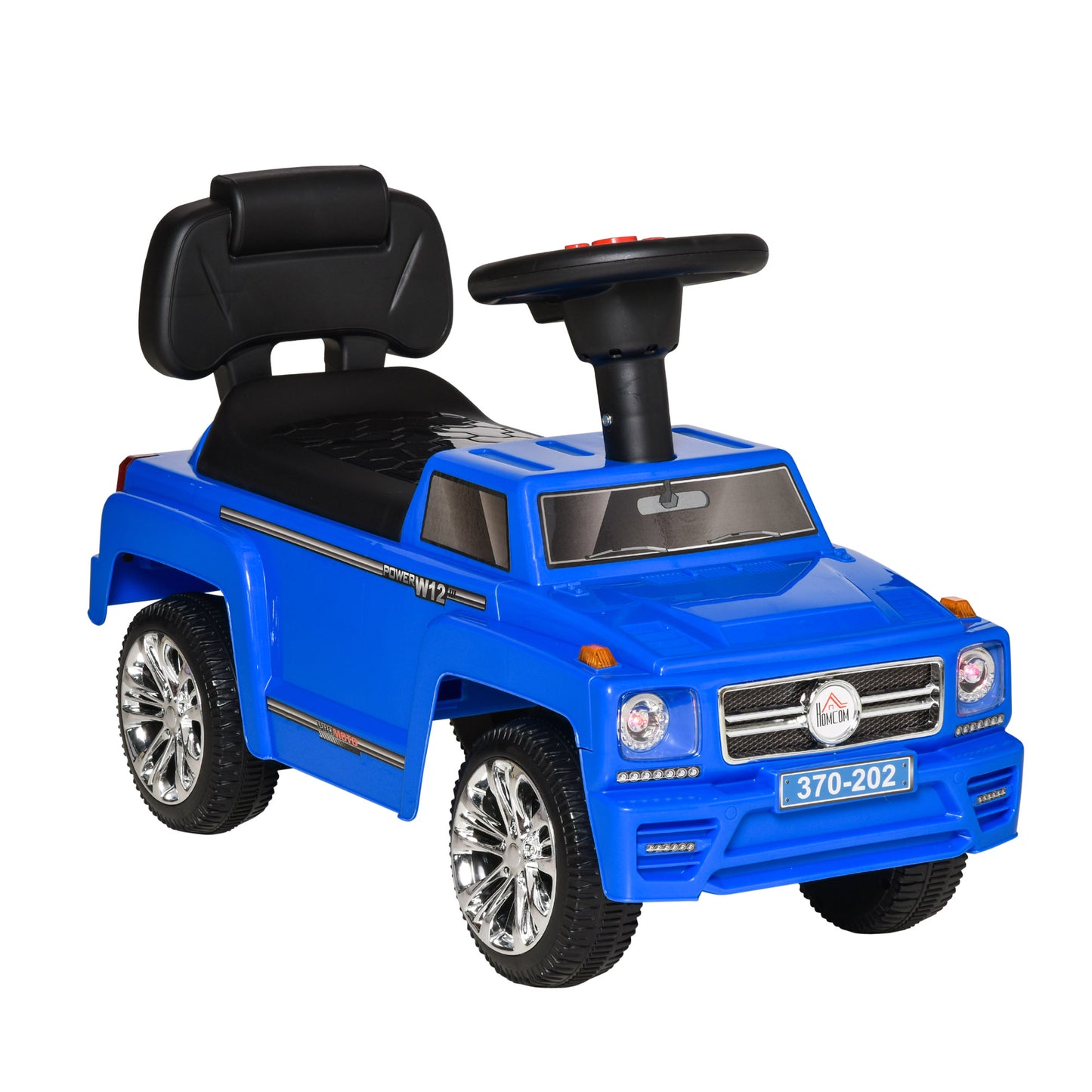 HOMCOM Coche Correpasillos para Bebé de 18-36 Meses Coche sin Pedales con Faros Música Bocina Compartimento de Almacenaje y Respaldo Alto 68x30,5x41,5 cm Azul