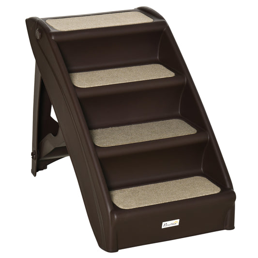 PawHut Escalera Plegable para Mascotas de 4 Peldaños Escalón para Perros Gatos Portátil con Alfombras Antideslizantes para Cama Sofá Carga 20 kg 62x38x49,5 cm Marrón Oscuro