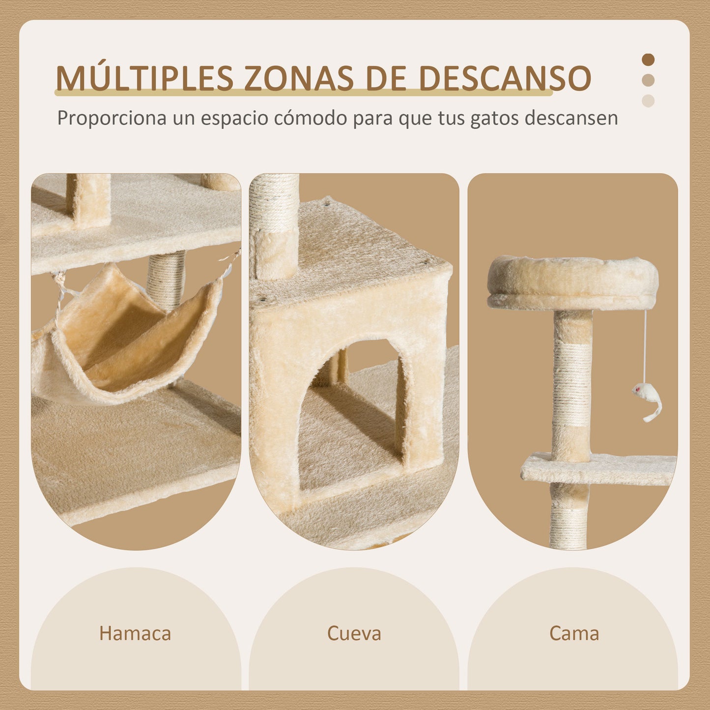 PawHut Árbol Rascador para Gatos Grande 70x40x152 cm Torre para Gatos con Múltiples Plataformas Juguete Colgante Cueva Espaciosa Hamaca Suave Postes para Gatos Dormir y Jugar Beige