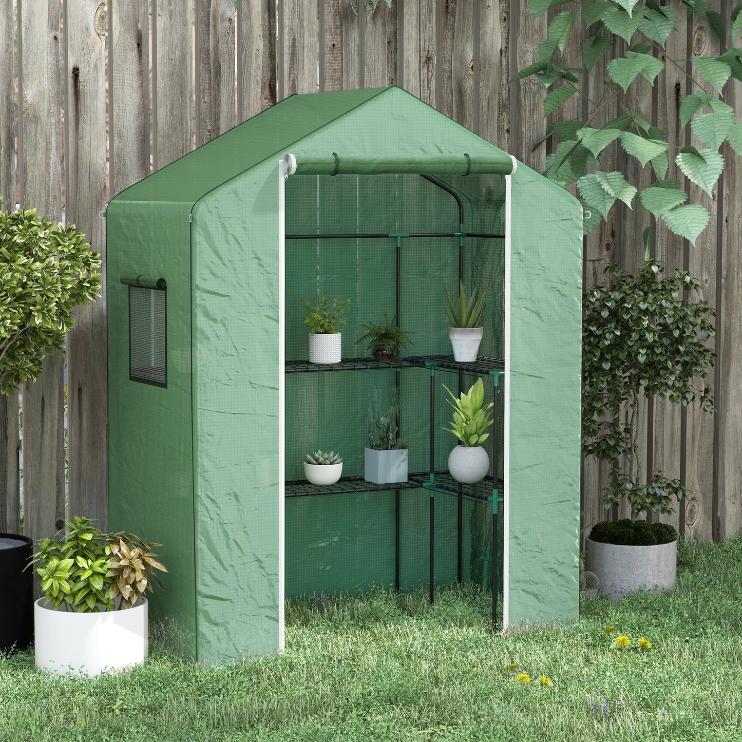 Outsunny Invernadero para Jardín Invernadero con 1 Puerta 2 Ventanas y Estantes de 2 Niveles en Forma de U para Cultivo de Plantas en Terraza Patio 140x73x190 cm Verde