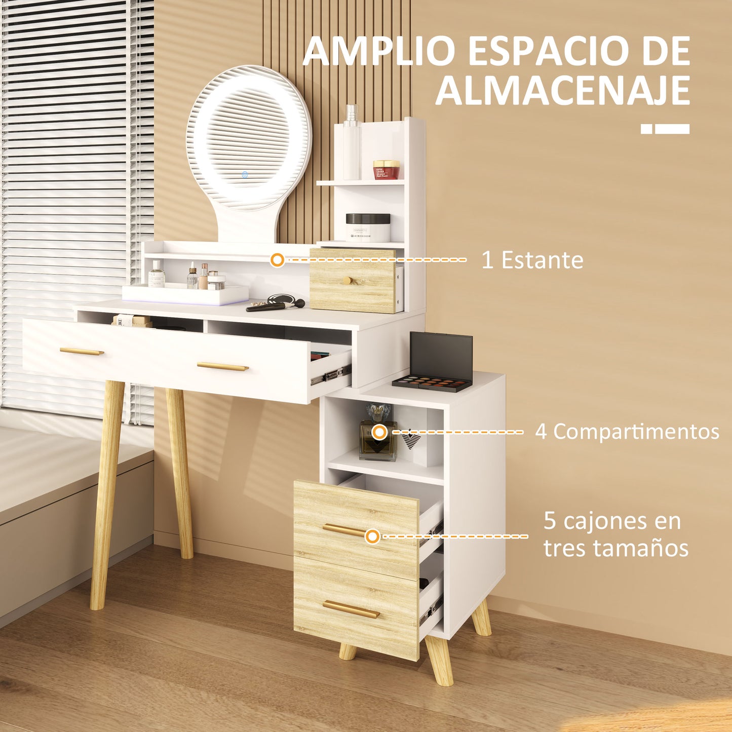 HOMCOM Tocador de Maquillaje con Espejo y Luces LED Mesa de Maquillaje con Iluminación Ajustable 5 Cajones y 4 Compartimentos Tocador para Dormitorio Salón Blanco