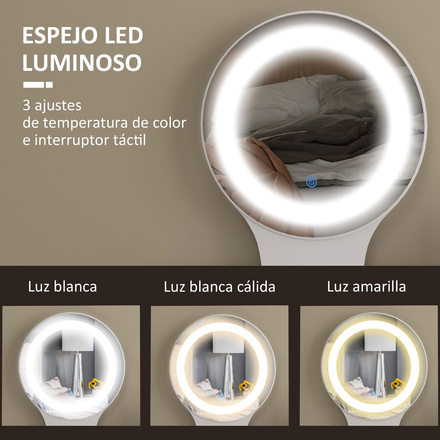 HOMCOM Tocador de Maquillaje con Espejo y Luces LED Mesa de Maquillaje con Iluminación Ajustable 5 Cajones y 4 Compartimentos Tocador para Dormitorio Salón Blanco