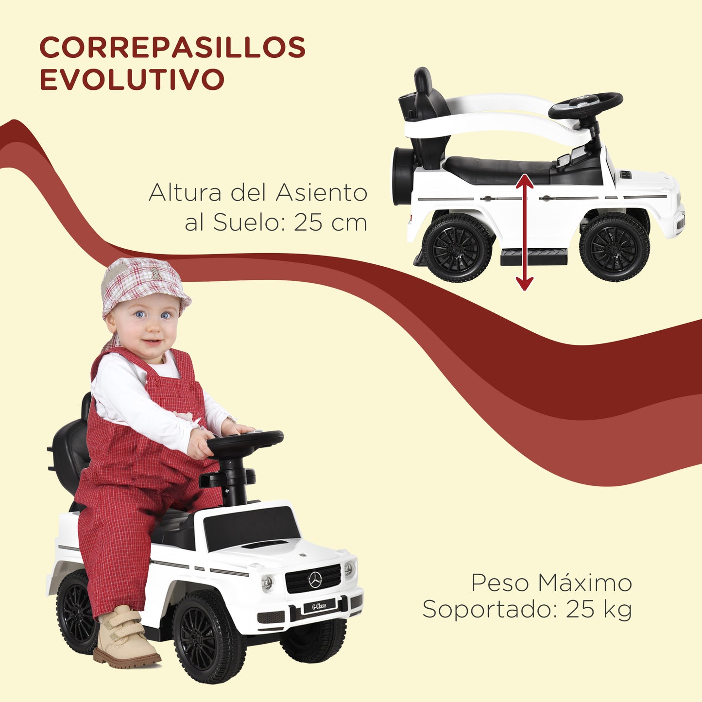 HOMCOM Correpasillos para Niños con Licencia Mercedes G350 Coche Correpasillos para Niños de 1-3 Años con Bocina Capota Extraíble y Barandilla Carga 25 kg 85,5x40,5x95 cm Blanco