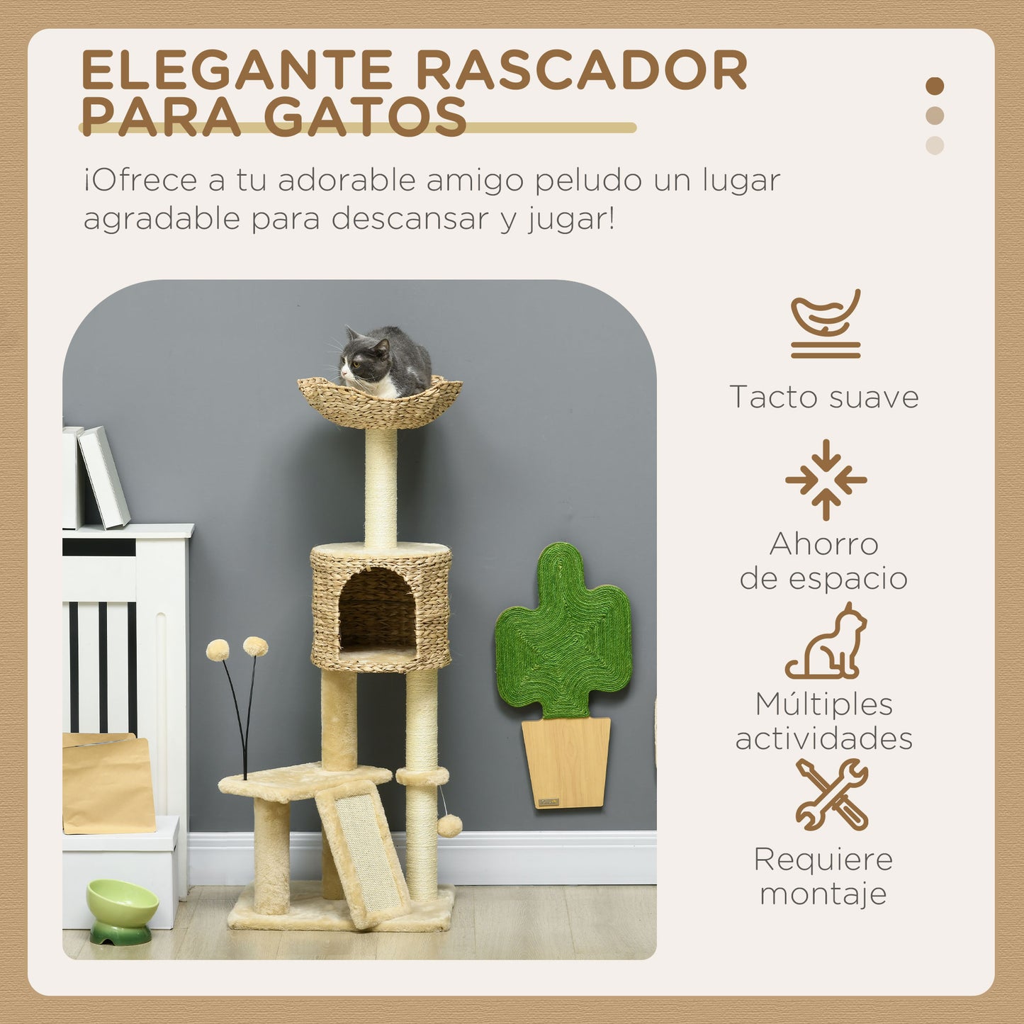 PawHut Árbol Rascador para Gatos de 116 cm Torre para Gatos Interior con Postes para Rascar Cama Cueva de Espadañas Rampa y Bolas 45x40x116 cm Beige