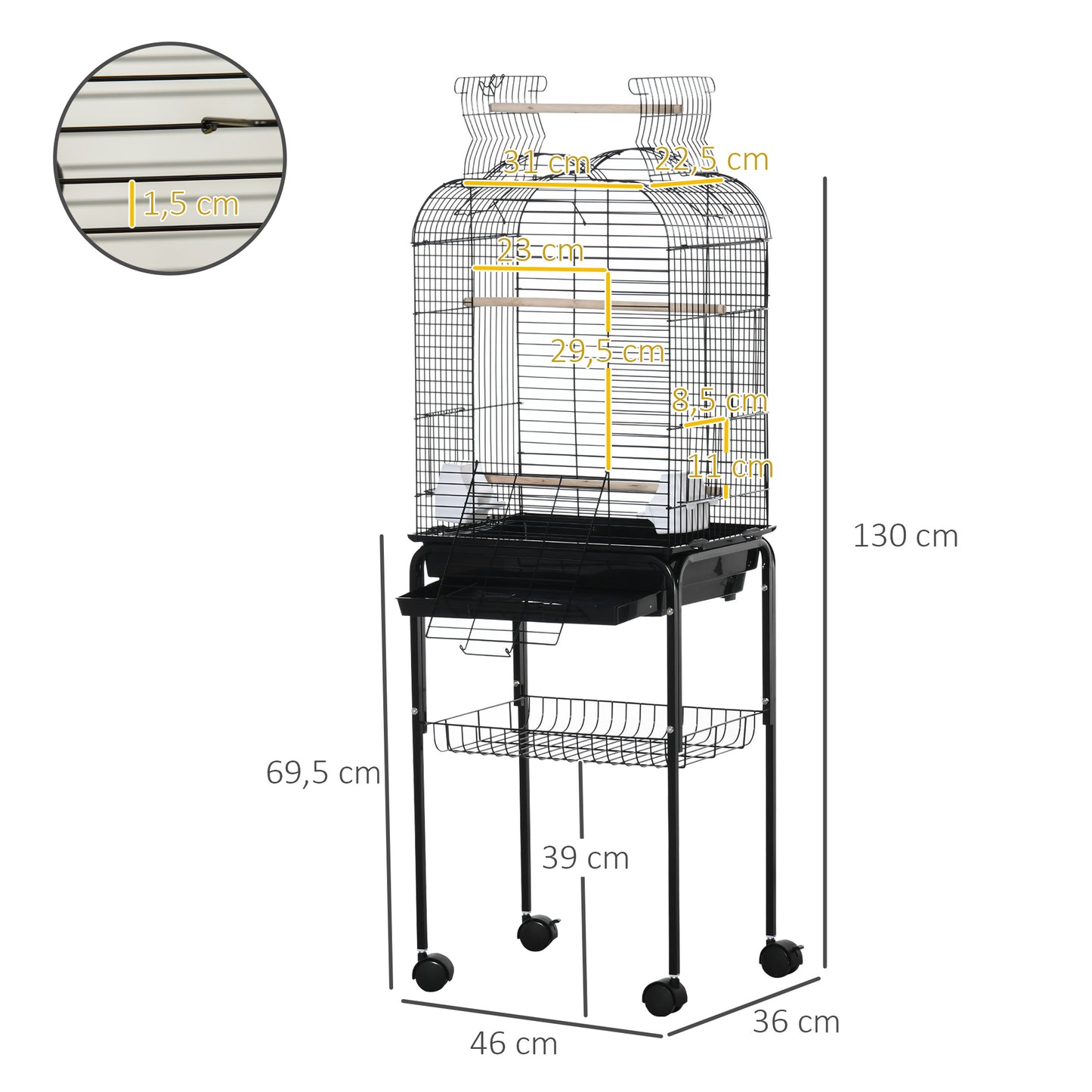 PawHut Jaula para Pájaros con Soporte Jaula de Aves Canarios con 4 Ruedas Techo Abrible 2 Comederos 3 Perchas Bandeja Extraíble y Estante Inferior 46x36x130 cm Negro