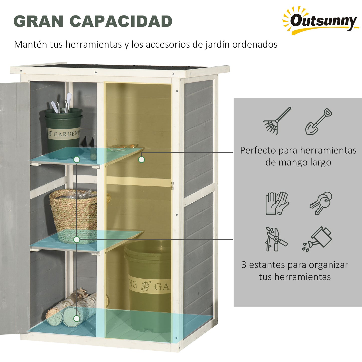 Outsunny Caseta de Jardín de Madera 75x56x115 cm Armario Cobertizo de Exterior para Herramientas con 3 Estantes Interiores Puerta con Pestillo y Techo Asfáltico Gris