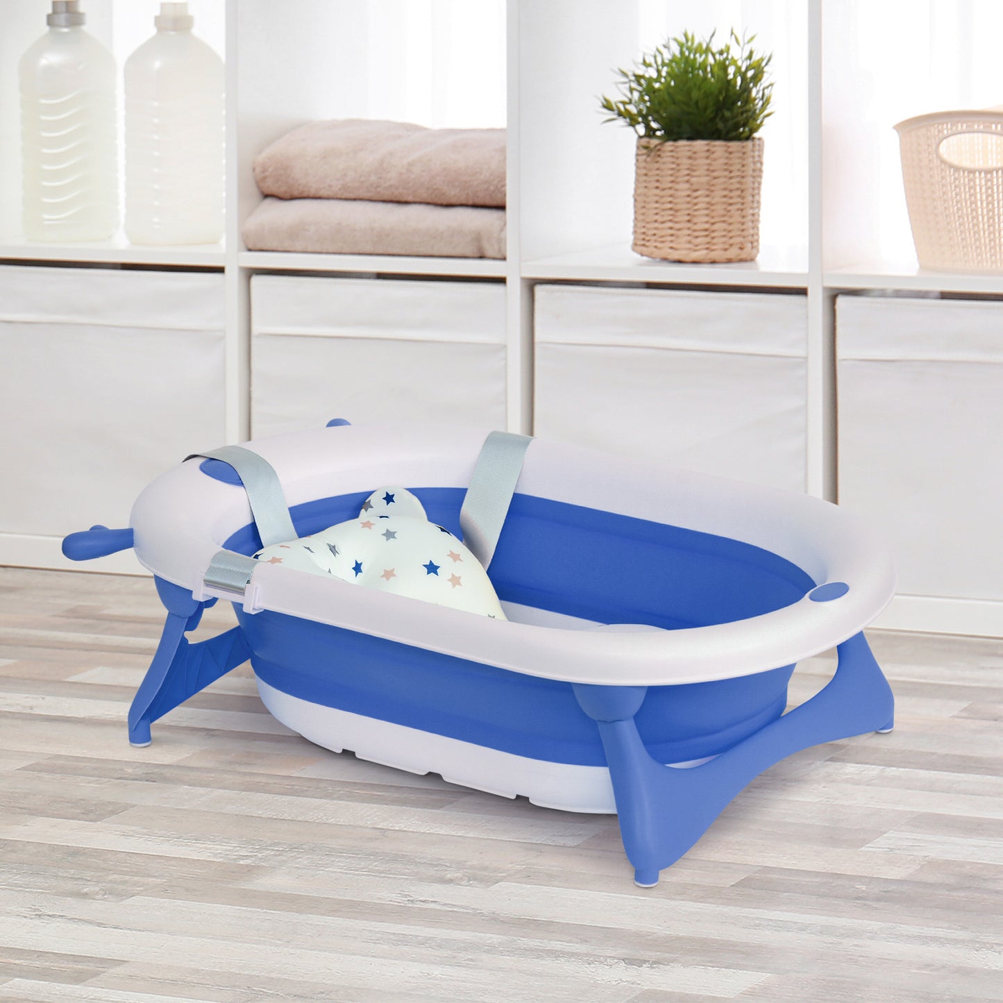 HOMCOM Bañera Plegable para Bebé Recién Nacido hasta 3 Años 81,5x50,5x23,5 cm con Tapón Termosensible Cojín y Almohadillas Antideslizantes Azul