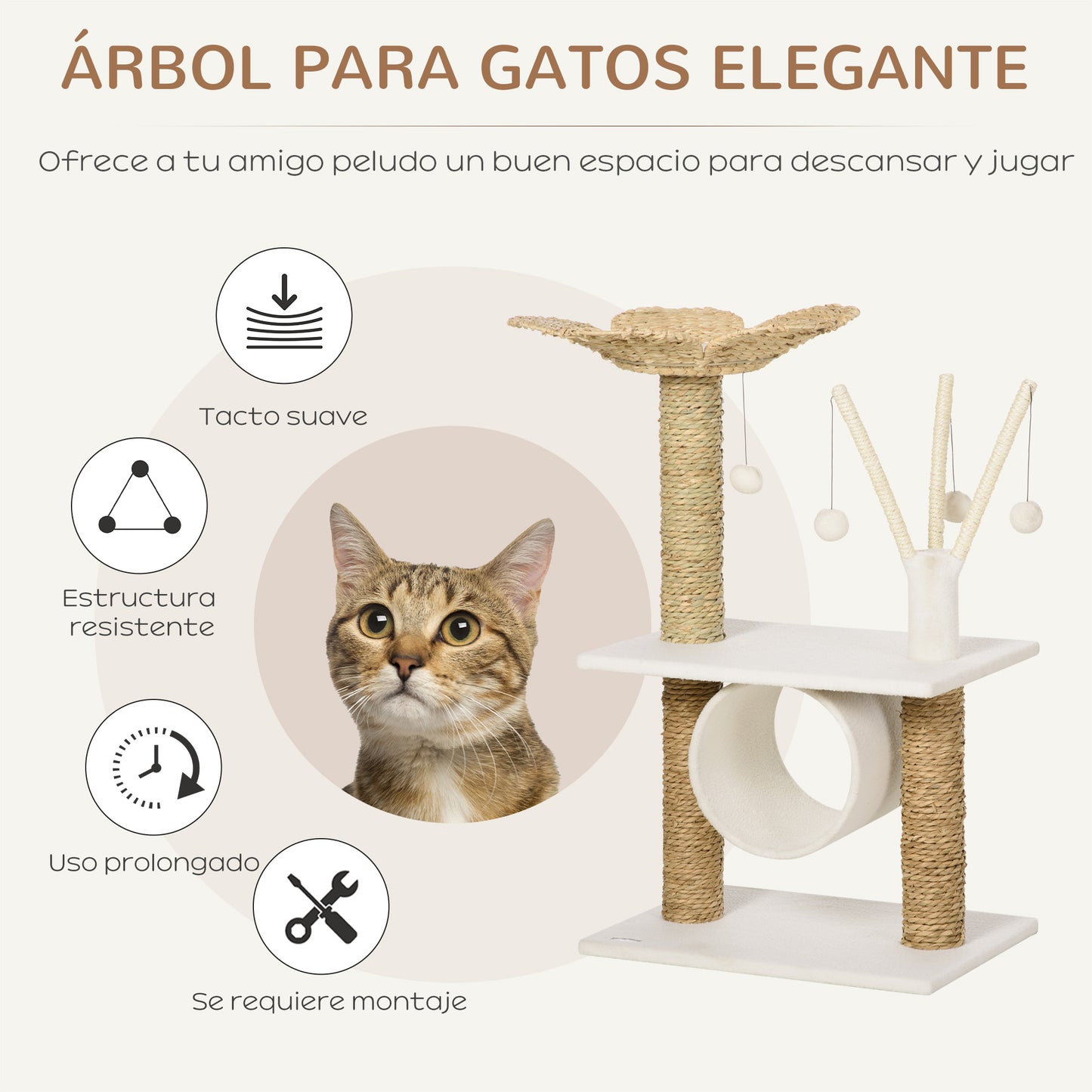 PawHut Árbol Rascador para Gatos Mediano Altura 91 cm Torre para Gatos con Cama Forma de Flor Plataforma Postes Rascadores Túnel y Bolas Colgantes 56x40x91 cm Blanco y Marrón