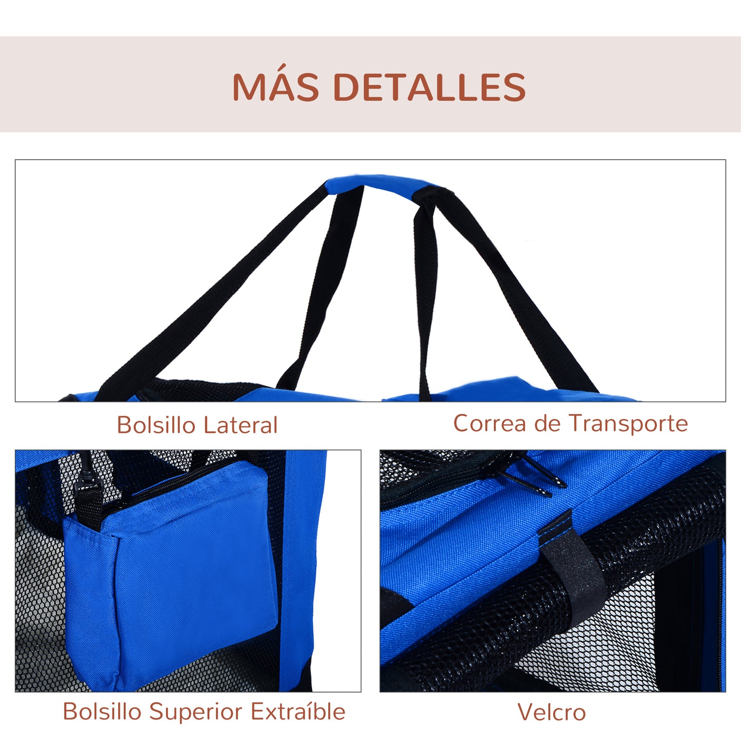 PawHut Transportín para Perro Gato Bolsa de Transporte Portátil y Transpirable para Mascotas Plegable con Cojín 3 Puertas y Ventana de Malla 2 Bolsillos 60x42x42 cm Azul