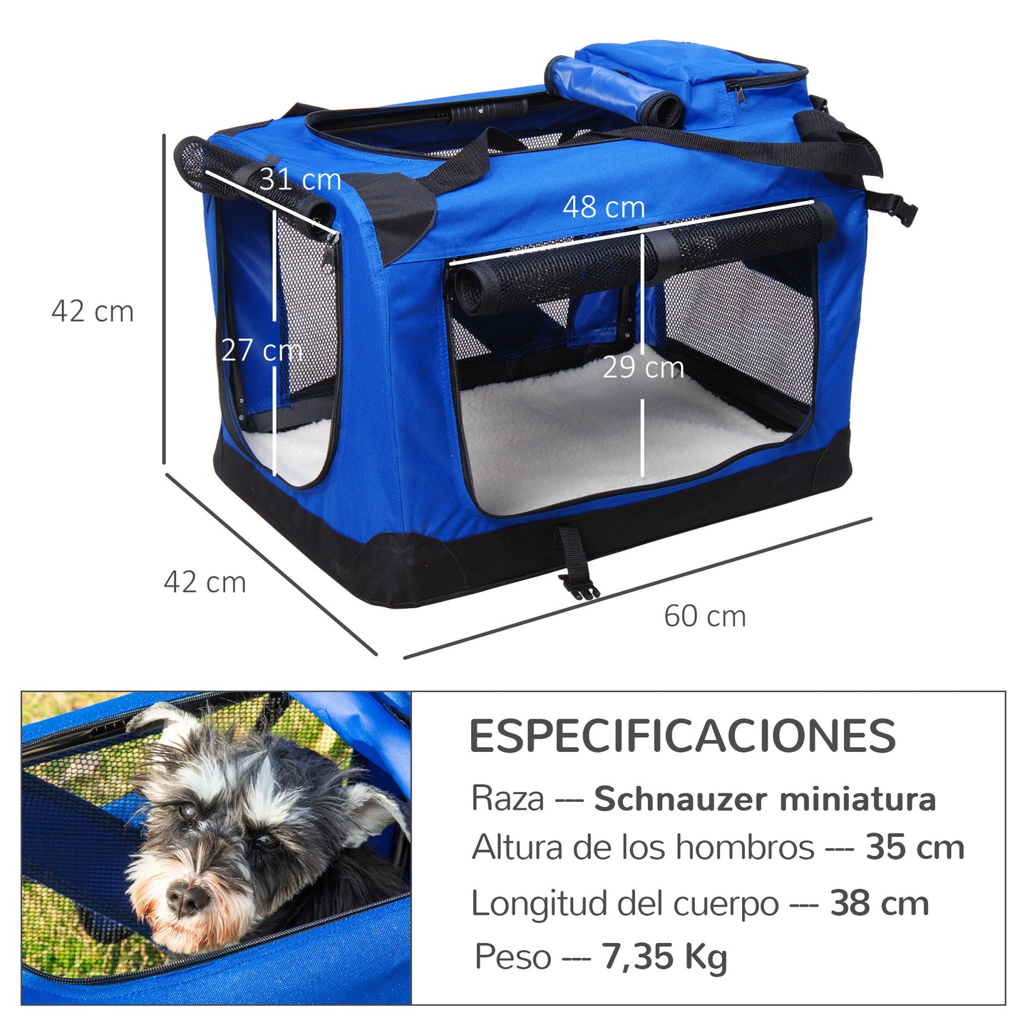 PawHut Transportín para Perro Gato Bolsa de Transporte Portátil y Transpirable para Mascotas Plegable con Cojín 3 Puertas y Ventana de Malla 2 Bolsillos 60x42x42 cm Azul