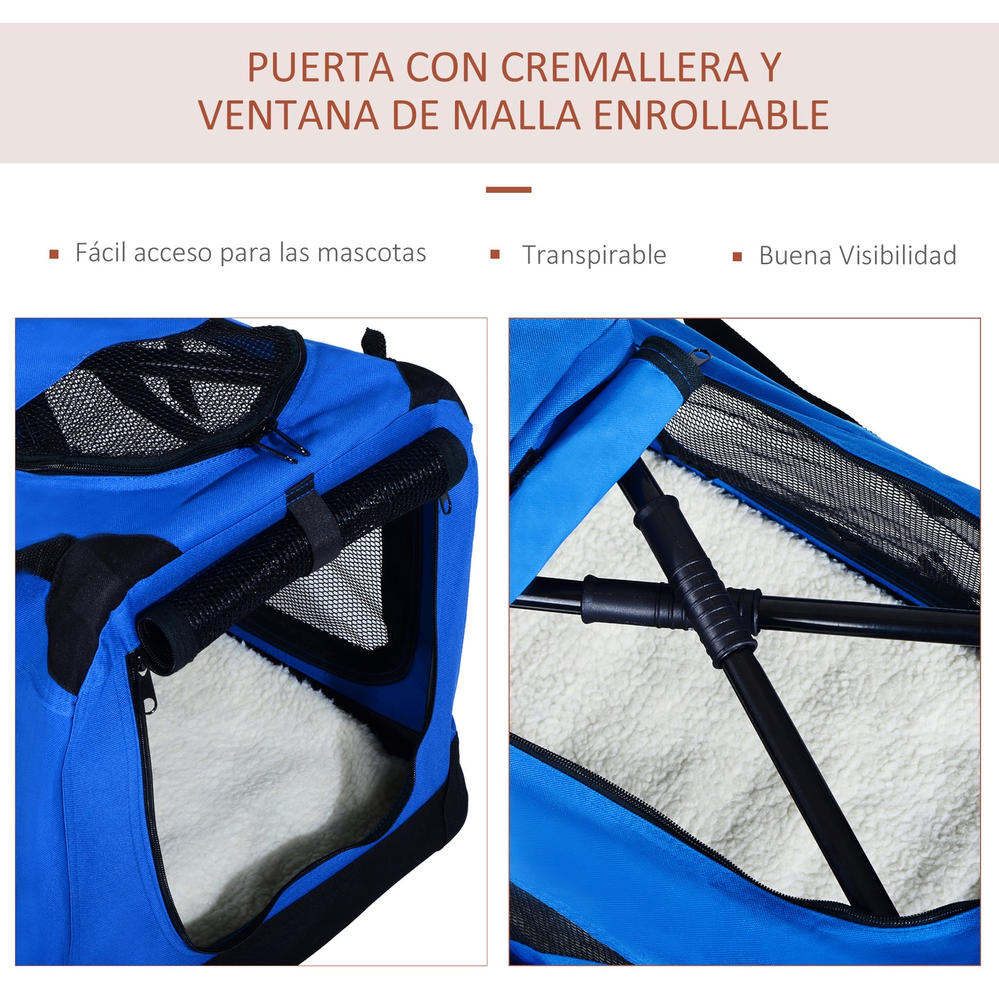 PawHut Transportín para Perro Gato Bolsa de Transporte Portátil y Transpirable para Mascotas Plegable con Cojín 3 Puertas y Ventana de Malla 2 Bolsillos 60x42x42 cm Azul