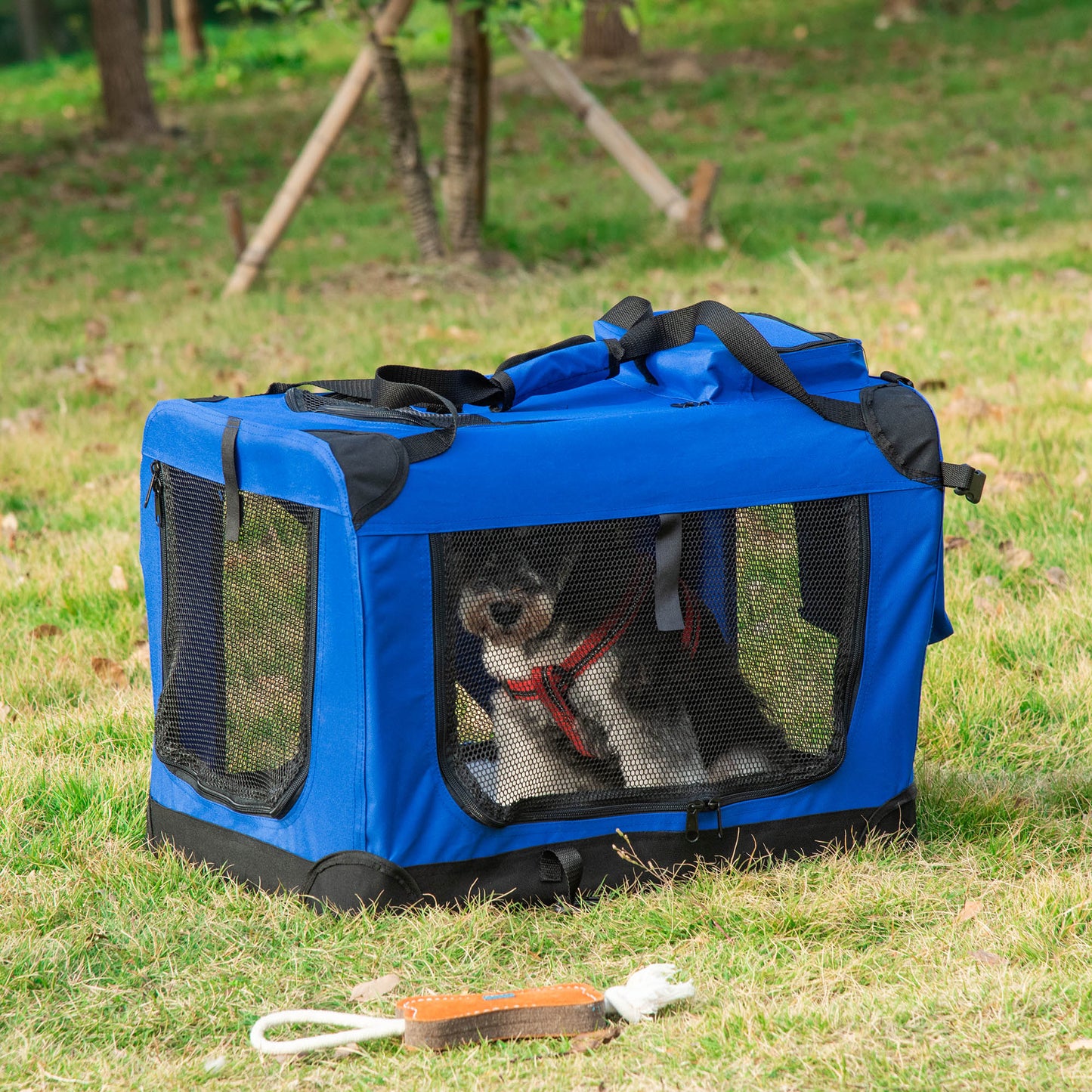 PawHut Transportín para Perro Gato Bolsa de Transporte Portátil y Transpirable para Mascotas Plegable con Cojín 3 Puertas y Ventana de Malla 2 Bolsillos 60x42x42 cm Azul