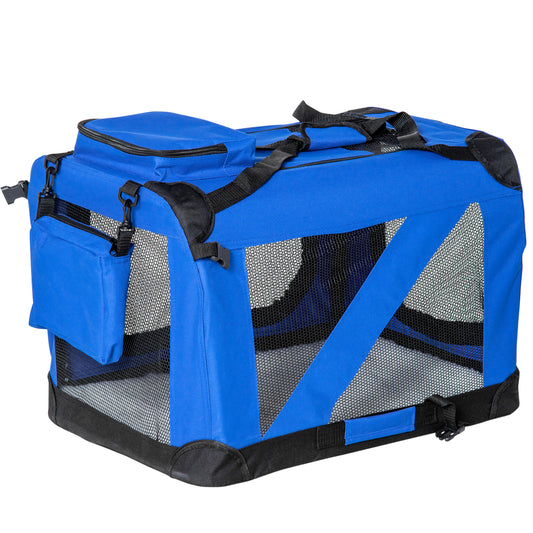 PawHut Transportín para Perro Gato Bolsa de Transporte Portátil y Transpirable para Mascotas Plegable con Cojín 3 Puertas y Ventana de Malla 2 Bolsillos 60x42x42 cm Azul