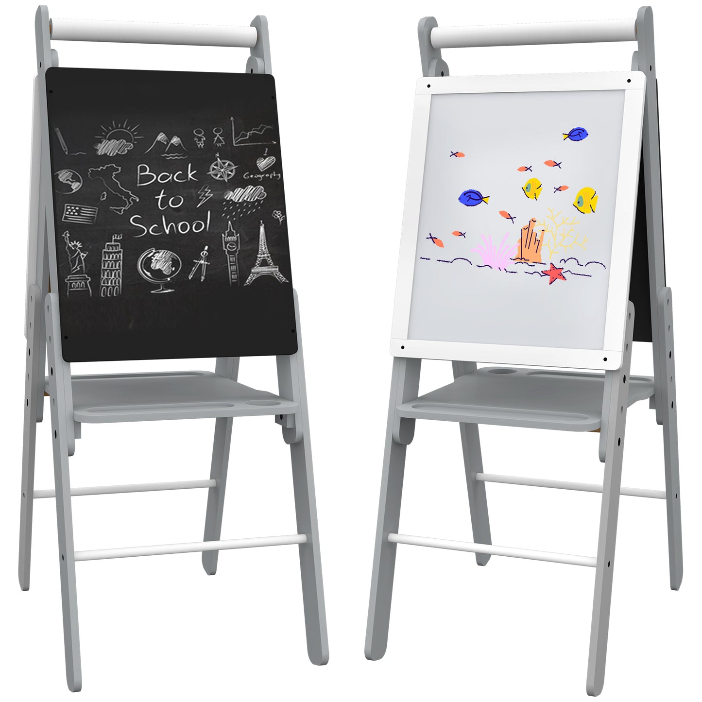 AIYAPLAY Caballete para Niños con Altura Ajustable Caballete de Pizarra Blanca y Pizarra de Doble Cara Caballete de Arte de Dibujo 3 en 1 con Rollo de Papel 40x56x107/112/117 cm Gris