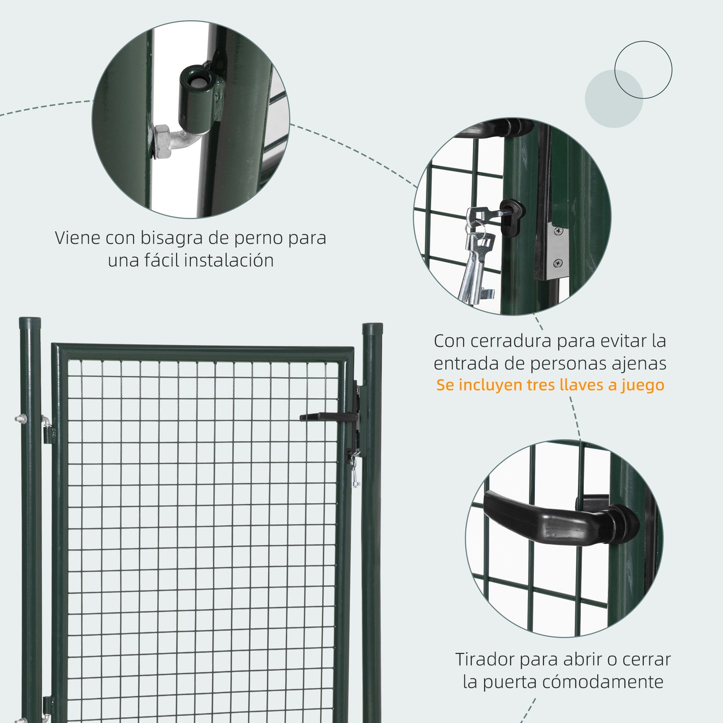 HOMCOM Puerta Verja de Jardín de Acero con Cerradura Manija y 3 Llaves Puerta de Valla Cerca para Exterior Patio Terraza 97x150 cm Verde