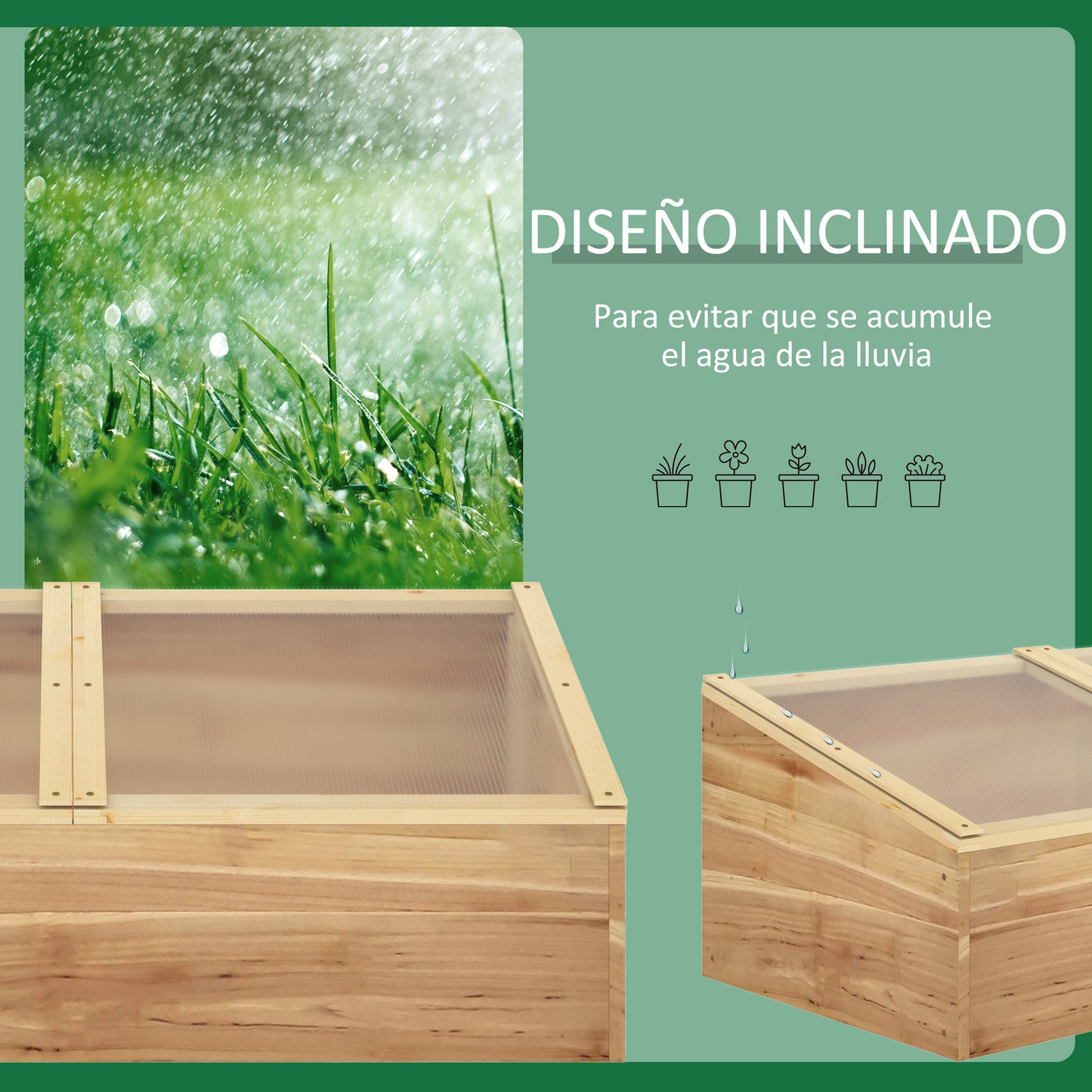 Outsunny Invernadero de Madera Huerto Urbano Vivero Casero con Doble Tapa de Policarbonato Abatible para Cultivo de Plantas Huerto Jardín Terraza Patio Exterior 100x50x36 cm Natural