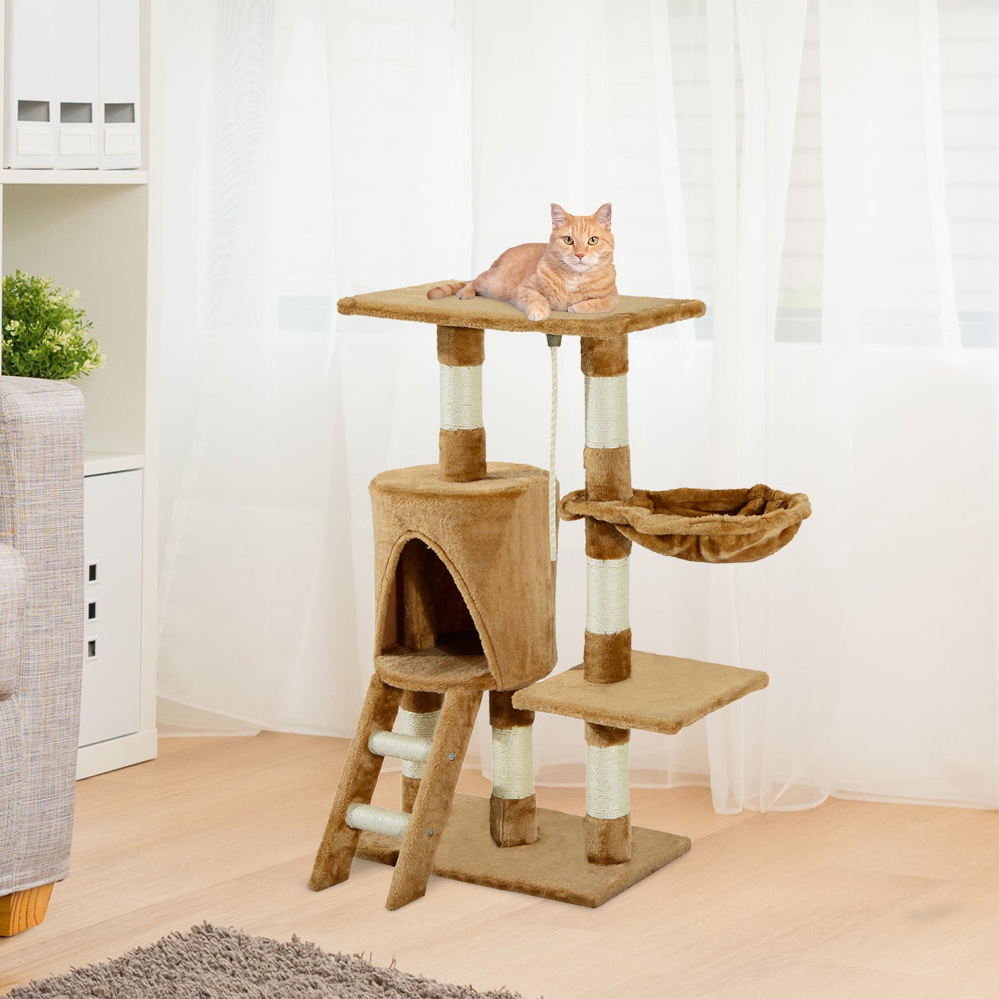 PawHut Árbol para gatos Rascador 55x30x95 cm con Nido Plataforma Caseta Escalera Cuerda de Juego Tablero de Madera y Cubierto de Felpa Marrón