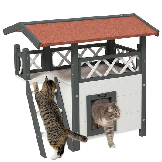 PawHut Casa para Gatos de Madera 77x50x73 cm Caseta para Gatos de 2 Niveles Refugio para Gatos con Techo Asfáltico Escalera y Balcón para Exterior Blanco