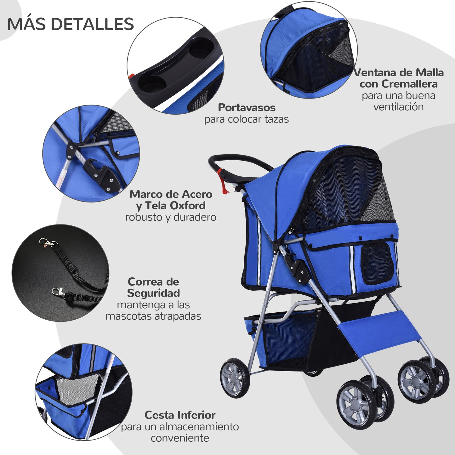 PawHut Carrito para Perros Plegable Cochecito para Mascotas Carrito para Perros Pequeños con Toldo Ajustable Cesta de Almacenaje Ventanas de Malla Portavasos y 2 Ruedas 75x45x97 cm Azul