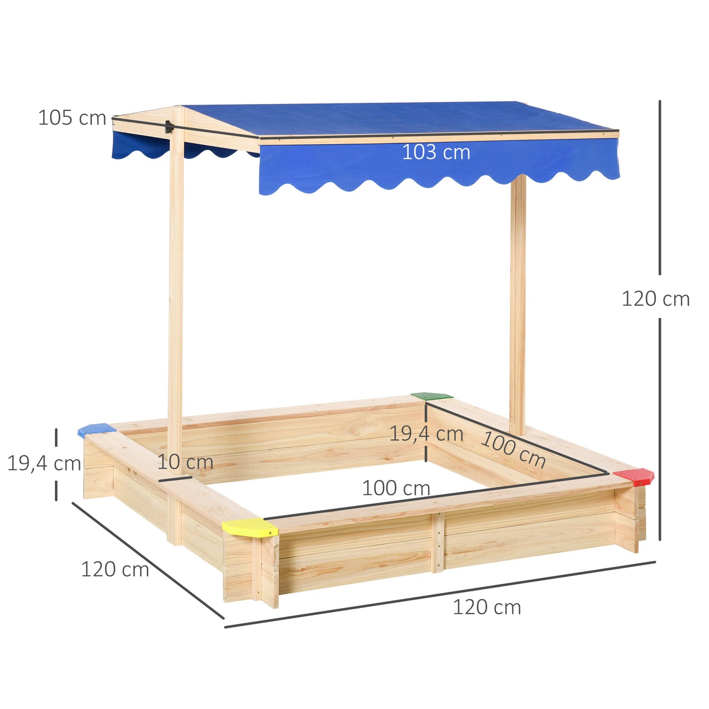 Outsunny Arenero de Madera para Niños con Techo Cajón de Arena Toldo Ajustable Espacioso 120x120x120 cm para Jardín Exterior al Aire Libre Color Madera Natural