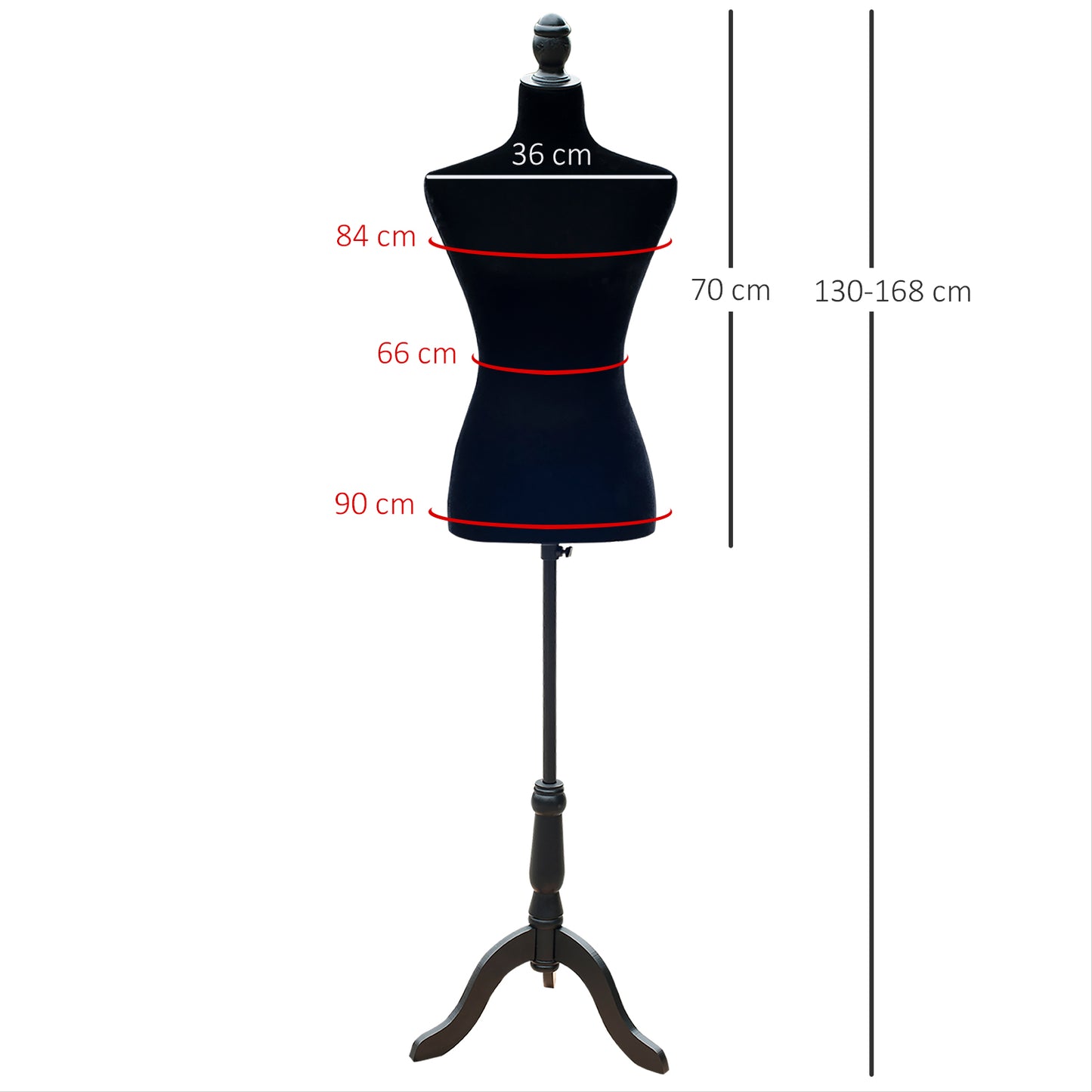 HOMCOM Maniquí de Costura Femenino Maniquí de Costura Ajustable a 130-168 cm con Trípode de Madera para Fotografía de Moda Exposición de Prendas Negro