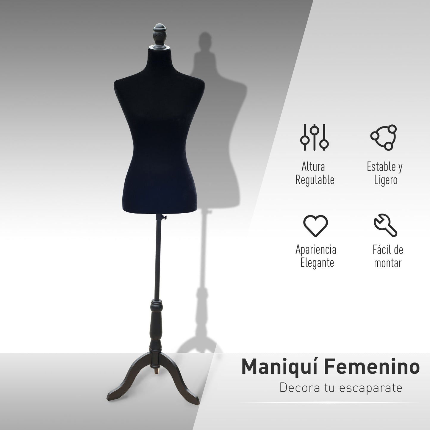 HOMCOM Maniquí de Costura Femenino Maniquí de Costura Ajustable a 130-168 cm con Trípode de Madera para Fotografía de Moda Exposición de Prendas Negro