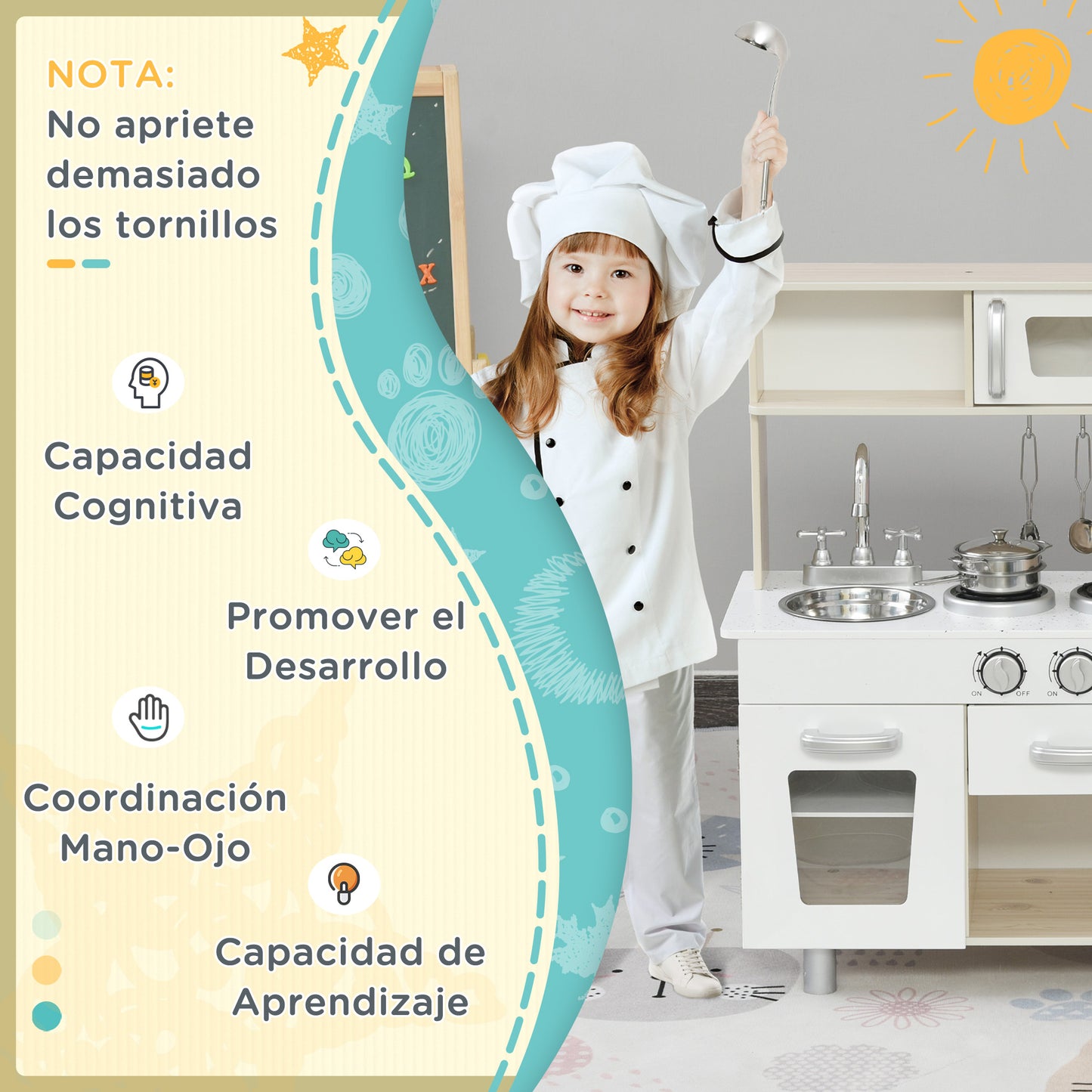 HOMCOM Cocina de Juguete de Madera con Fregadero Cocina de Inducción y Microondas Simulados con Accesorios Incluidos Cocina Infantil para +3 Años 74x30x81 cm Blanco