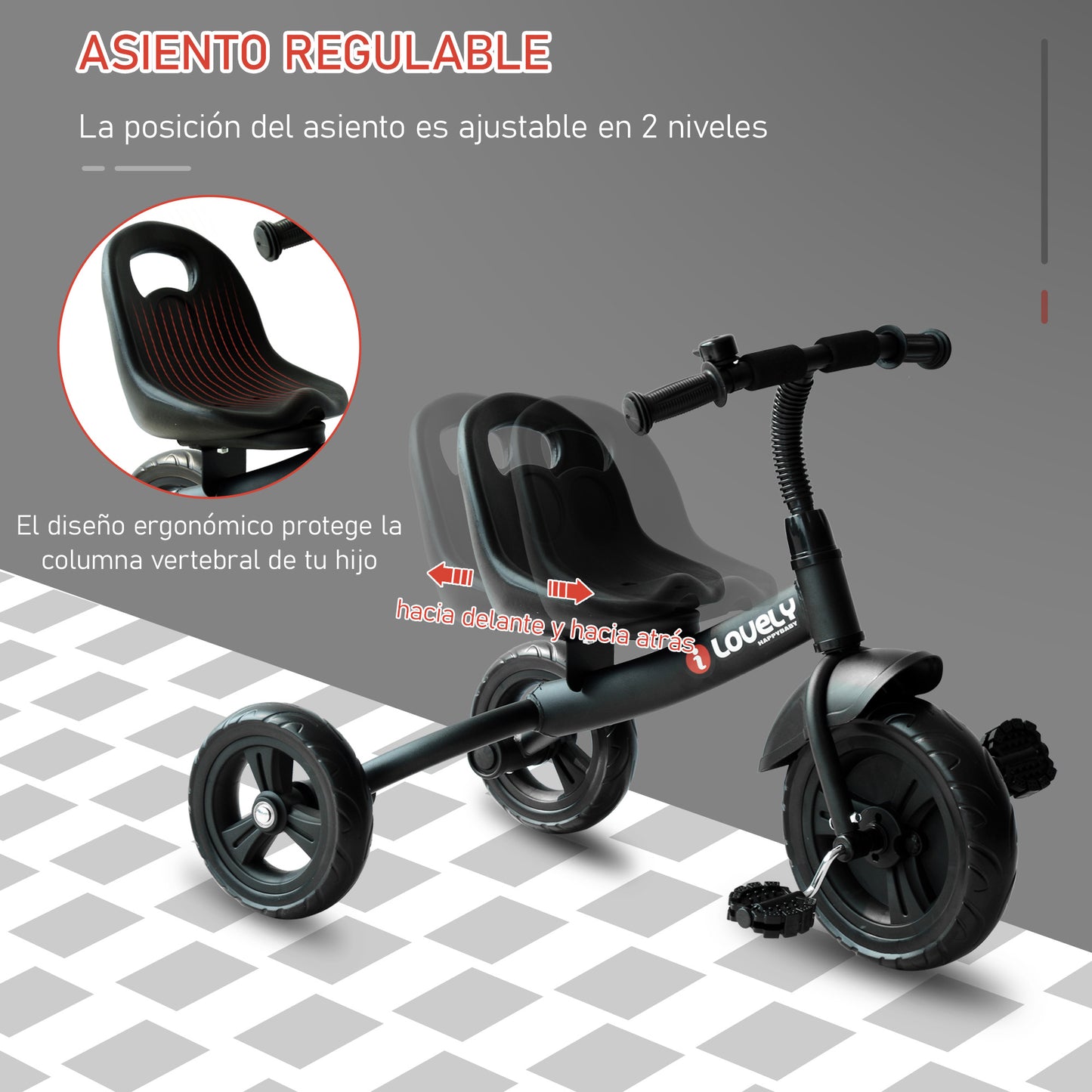 HOMCOM Triciclo para Niños más de 18 meses con Timbre Guardabarros Rueda de Seguridad 79x50,5x58 cm Negro