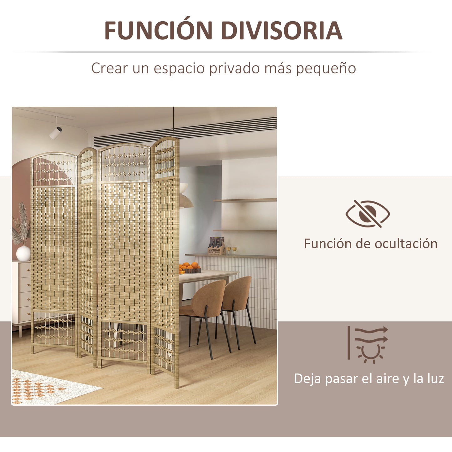 HOMCOM Biombo Separador de Ambientes 160x170 cm Divisor de Habitación Plegable de Cuerda de Papel y Marco de Madera Decoración para Dormitorio Salón Natural