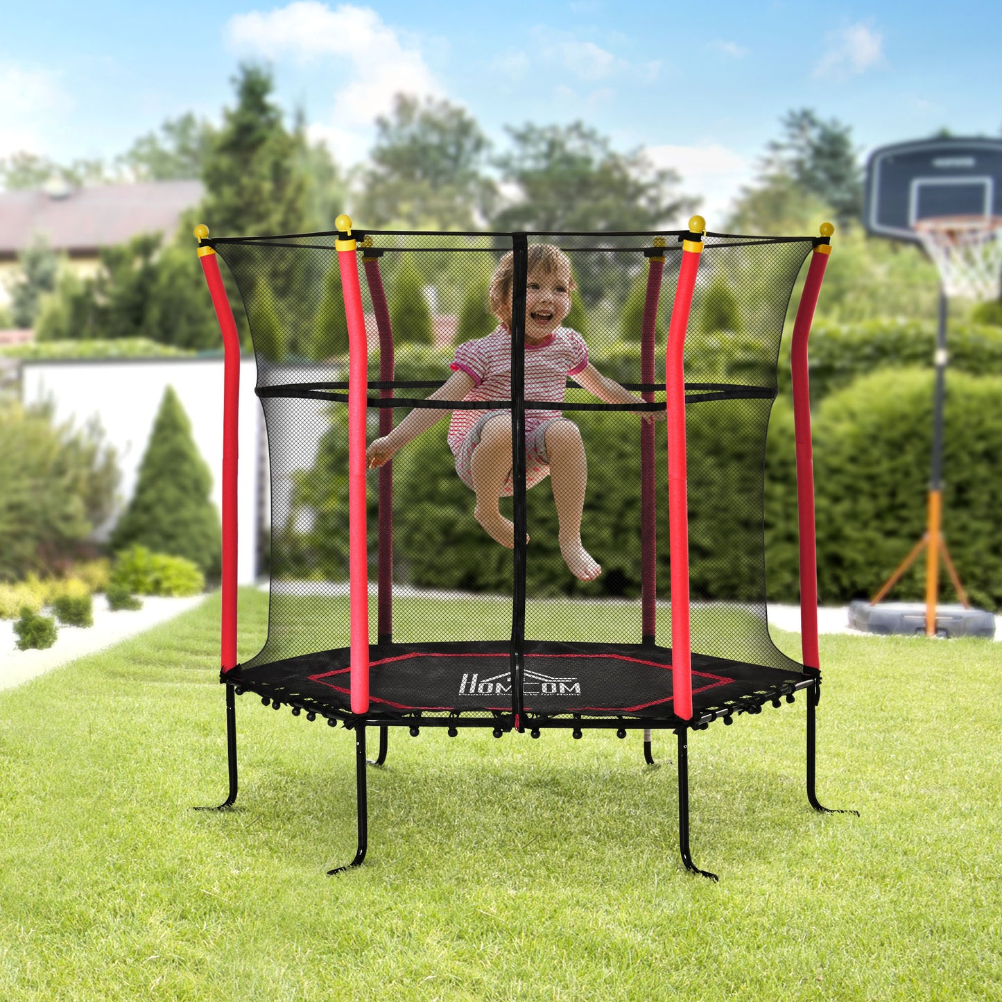 HOMCOM Cama Elástica Infantil de Jardín Ø160x163,5 cm Trampolín para Niños de +3 Años con Red de Seguridad Acero para Interior Exterior Carga 50 kg Negro y Rojo