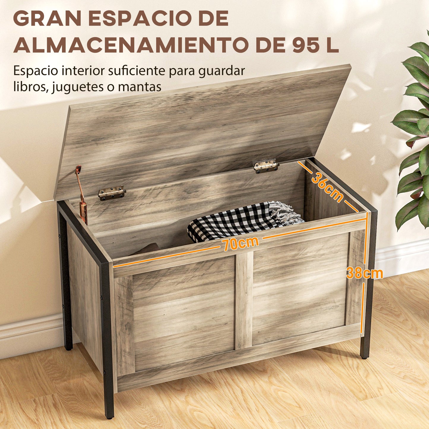 HOMCOM Baúl de Almacenaje para Dormitorio 95 L Puff de Almacenaje con Tapa Banco de Almacenaje Versátil con Bisagra de Seguridad para Pasillo Salón 80x40x49 cm Marrón Grisáceo