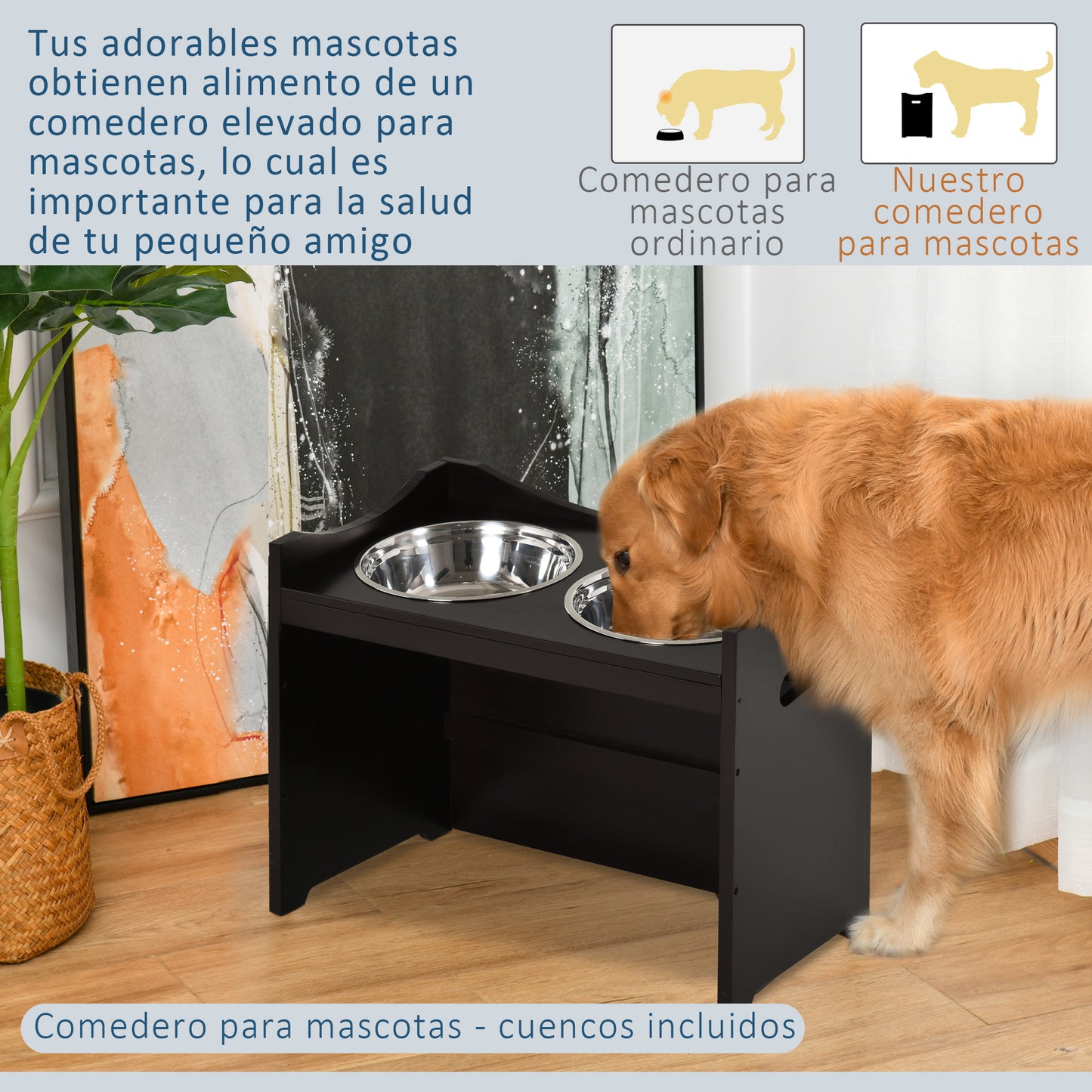 PawHut Comedero para Perros Elevado Cuencos para Perros con 2 Tazones de Acero Inoxidable y Altura Ajustable 54x31,5x47 cm Café