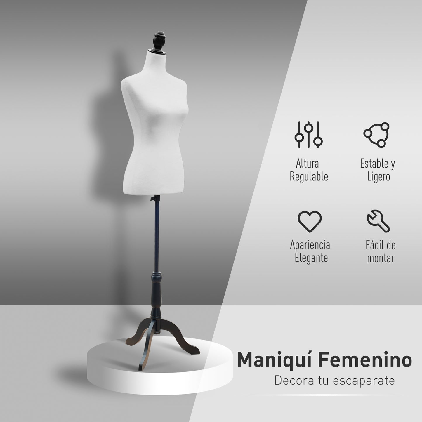 HOMCOM Maniquí de Costura Maniquí Mujer Ajustable a 130-168 cm con Trípode de Madera 50 Alfileres de Colores para Fotografía de Moda Exposición de Prendas Blanco