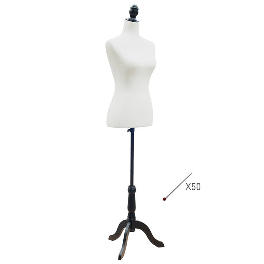 HOMCOM Maniquí de Costura Maniquí Mujer Ajustable a 130-168 cm con Trípode de Madera 50 Alfileres de Colores para Fotografía de Moda Exposición de Prendas Blanco